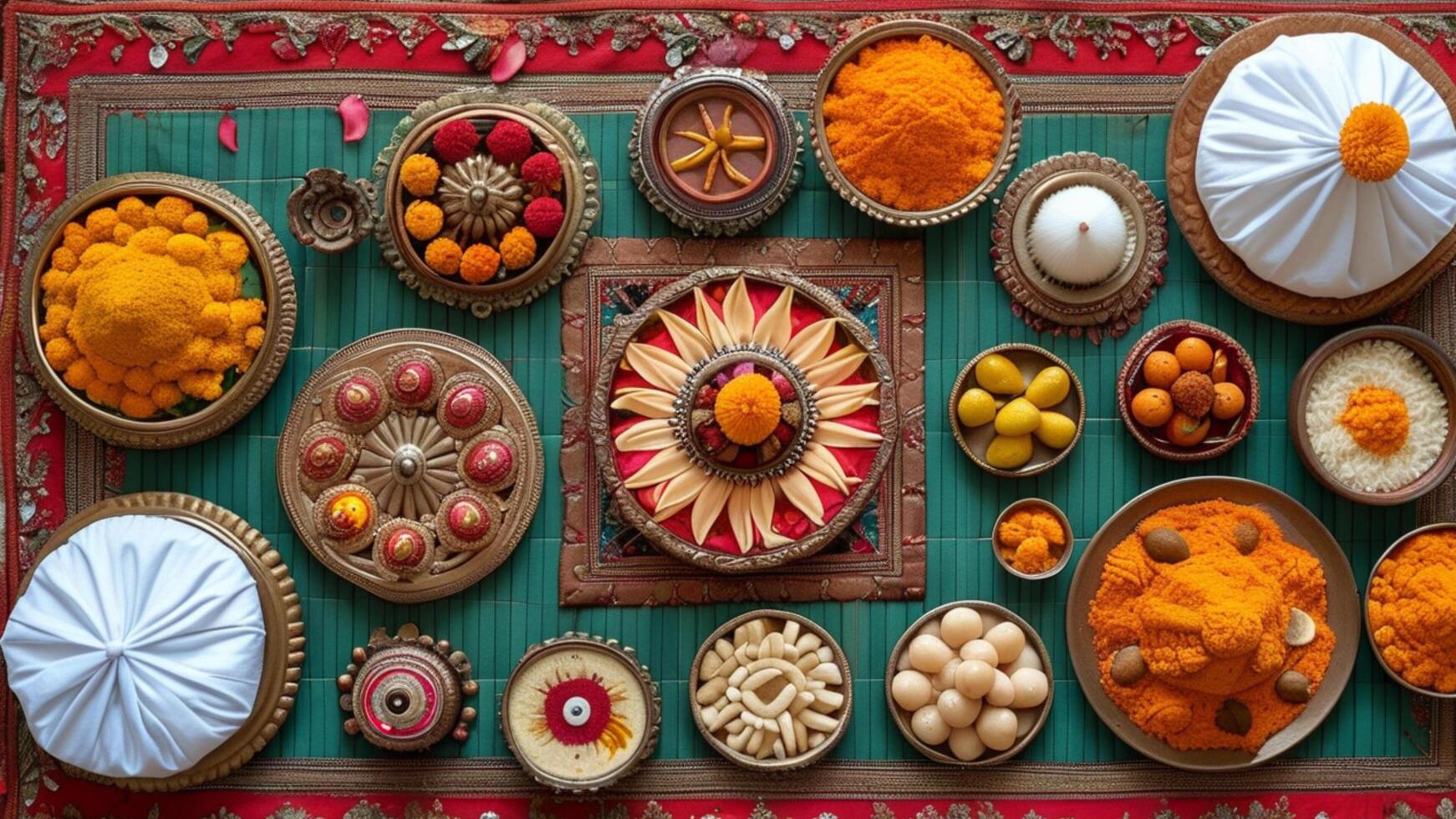 Overhead view of colorful sweets, spices, and ceremonial items arranged on a table. photo