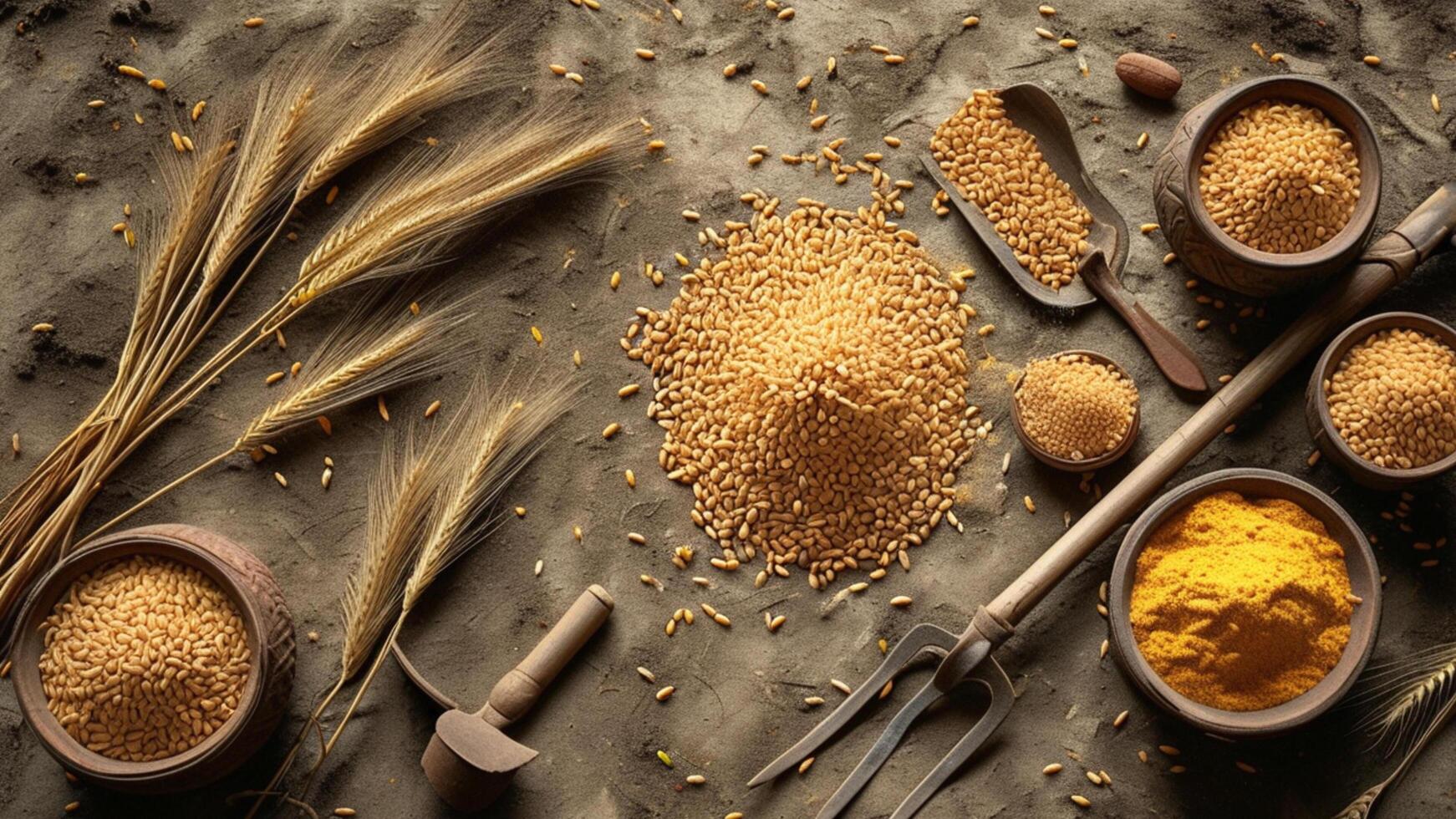 Overhead view of wheat grains, farming tools, and golden harvest. photo