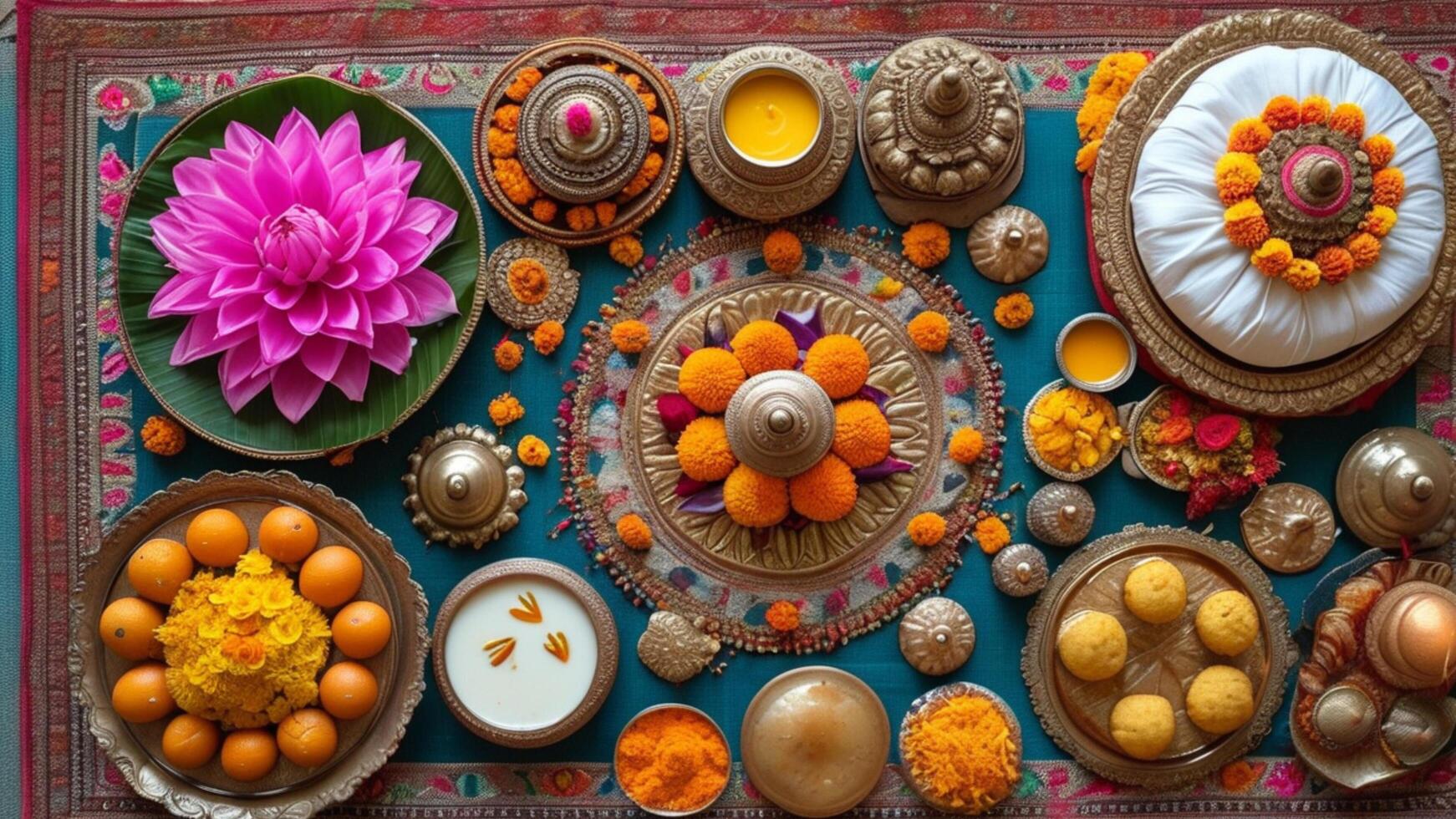 Overhead view of vibrant Indian sweets, flowers, and ceremonial items. photo