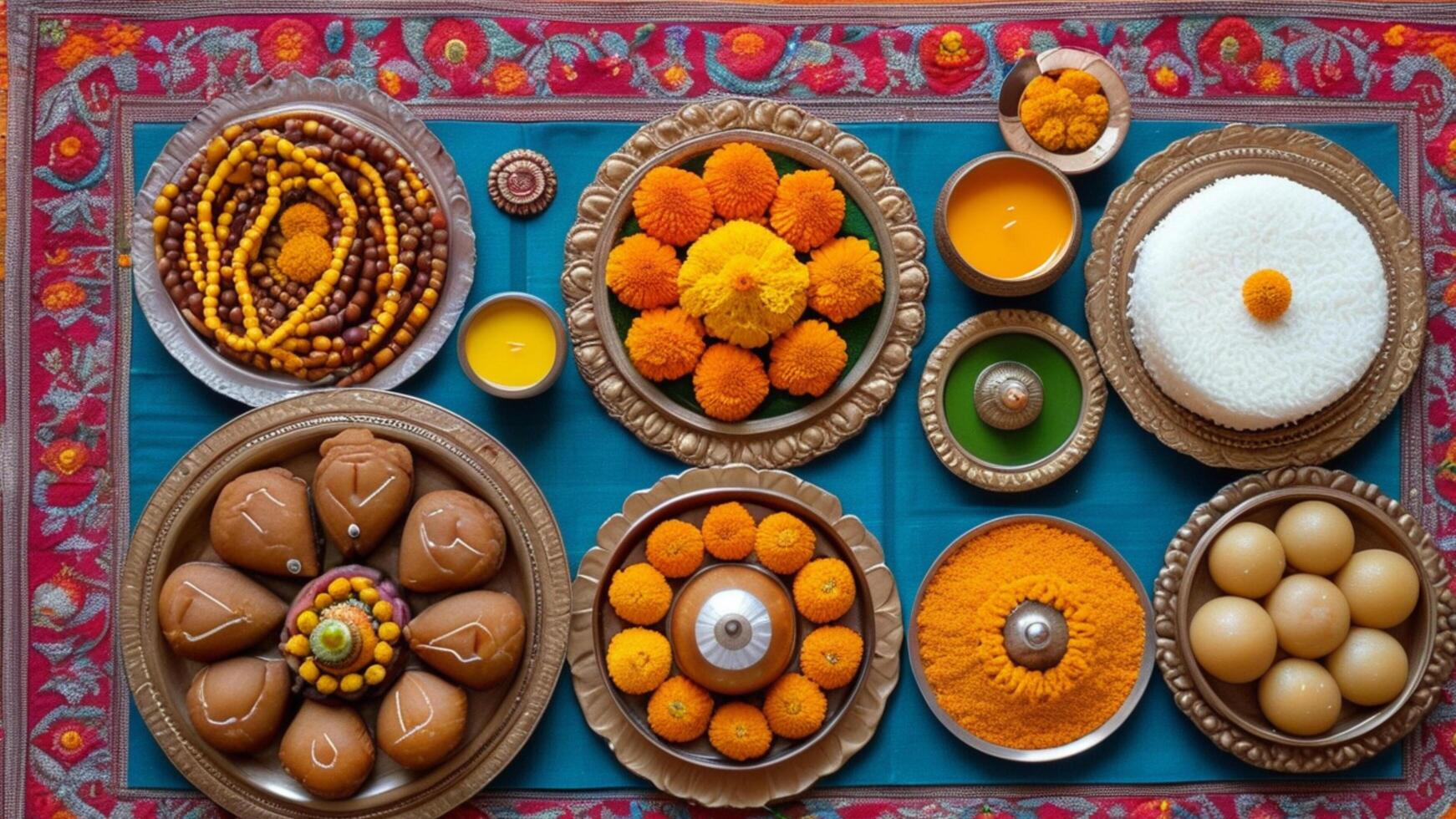 Overhead view of a vibrant Puja thali with sweets, flowers, and offerings. photo