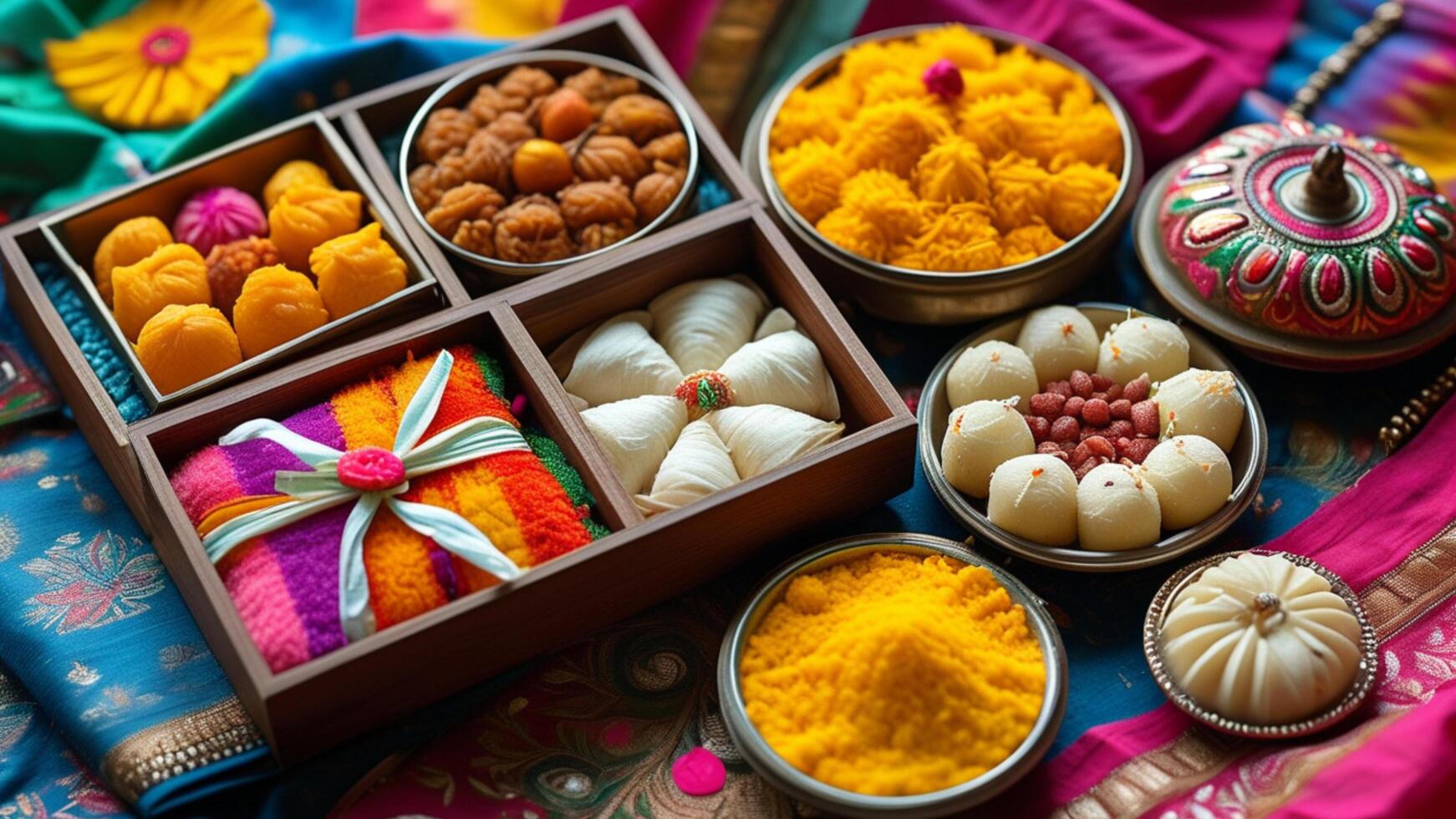 Assorted Indian sweets and snacks in decorative boxes photo