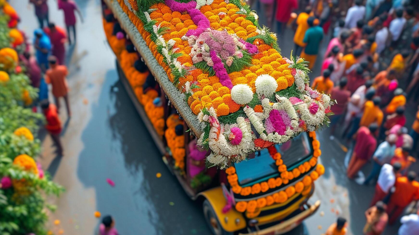 Colorful Festive Procession with Flower Decorated Vehicle photo