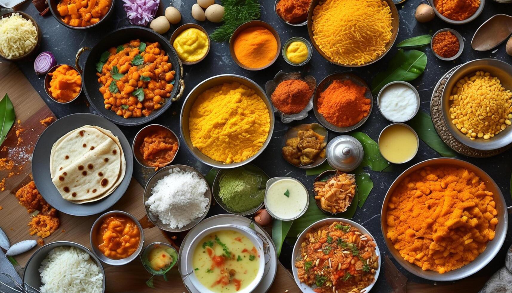 Variety of Indian spices, vegetables, and dishes. photo