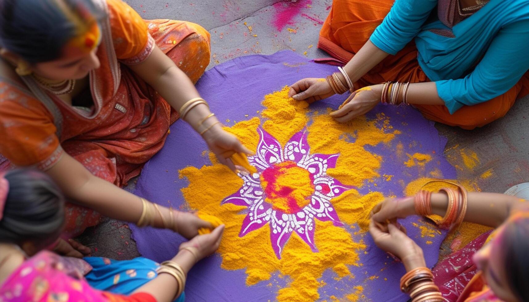Indian women collaboratively creating vibrant Rangoli design. photo