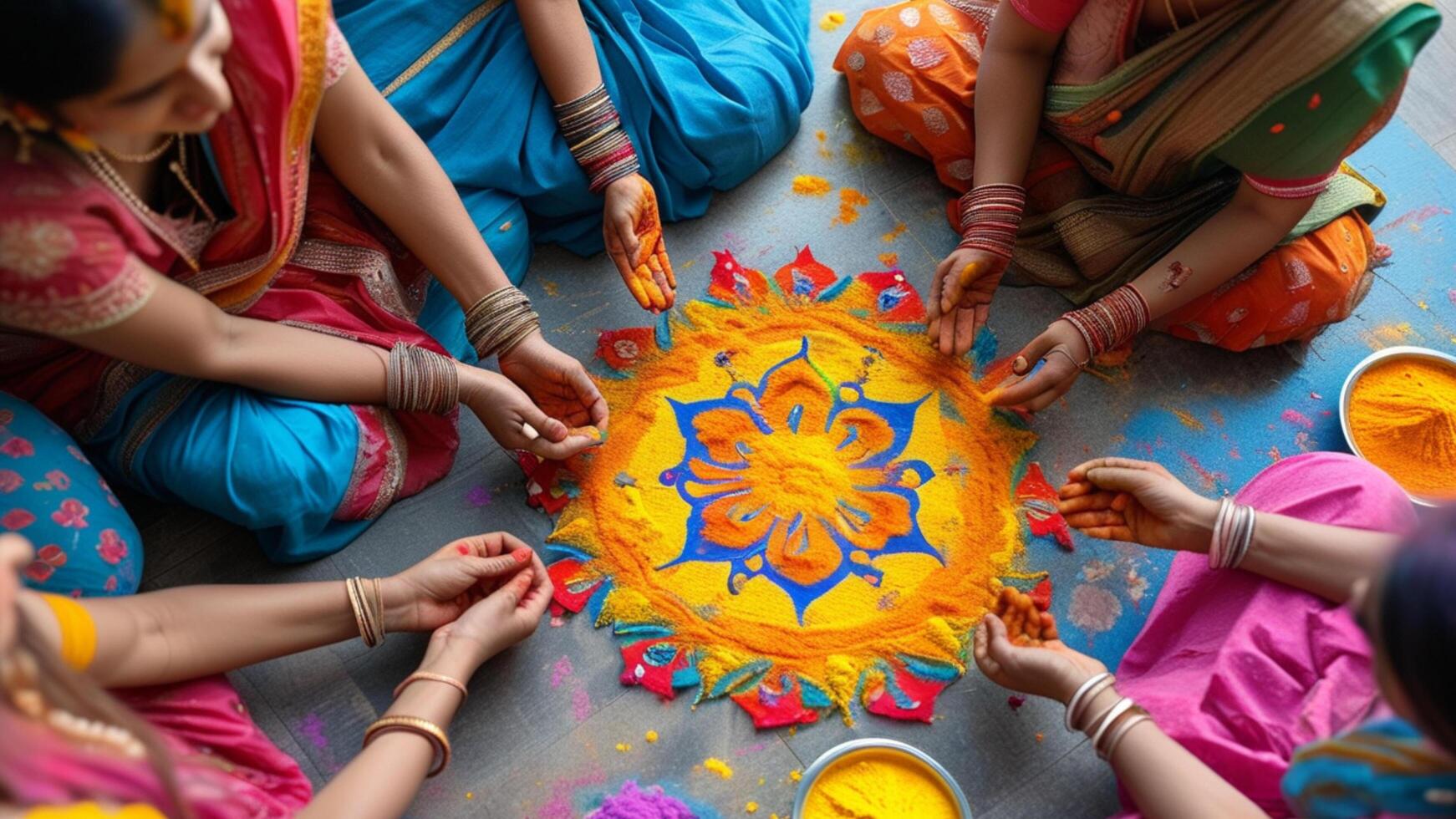 Women creating a vibrant Rangoli design. photo