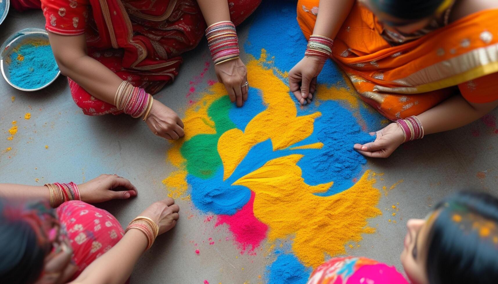 Women creating colorful Rangoli art. photo