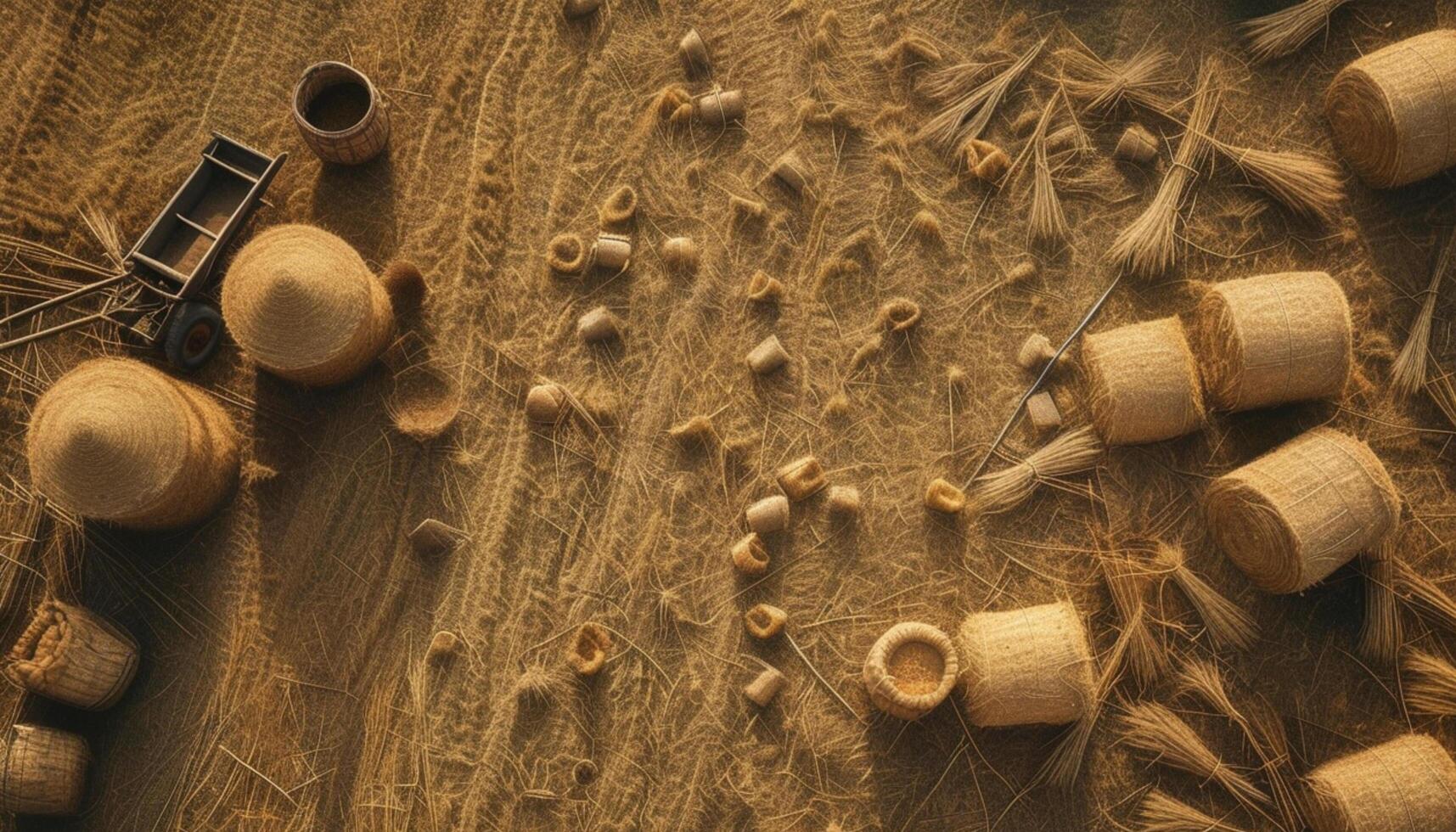 Aerial view of harvested wheat field with hay bales photo