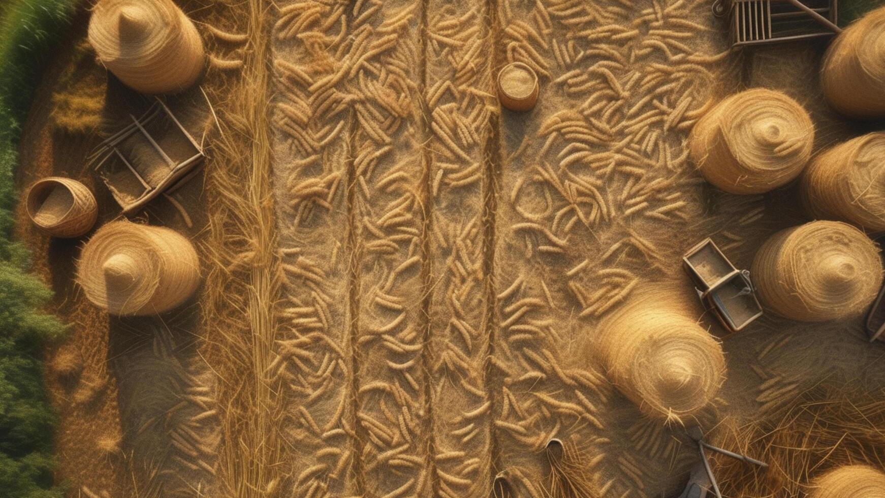 Aerial view of harvested flax drying in the sun photo