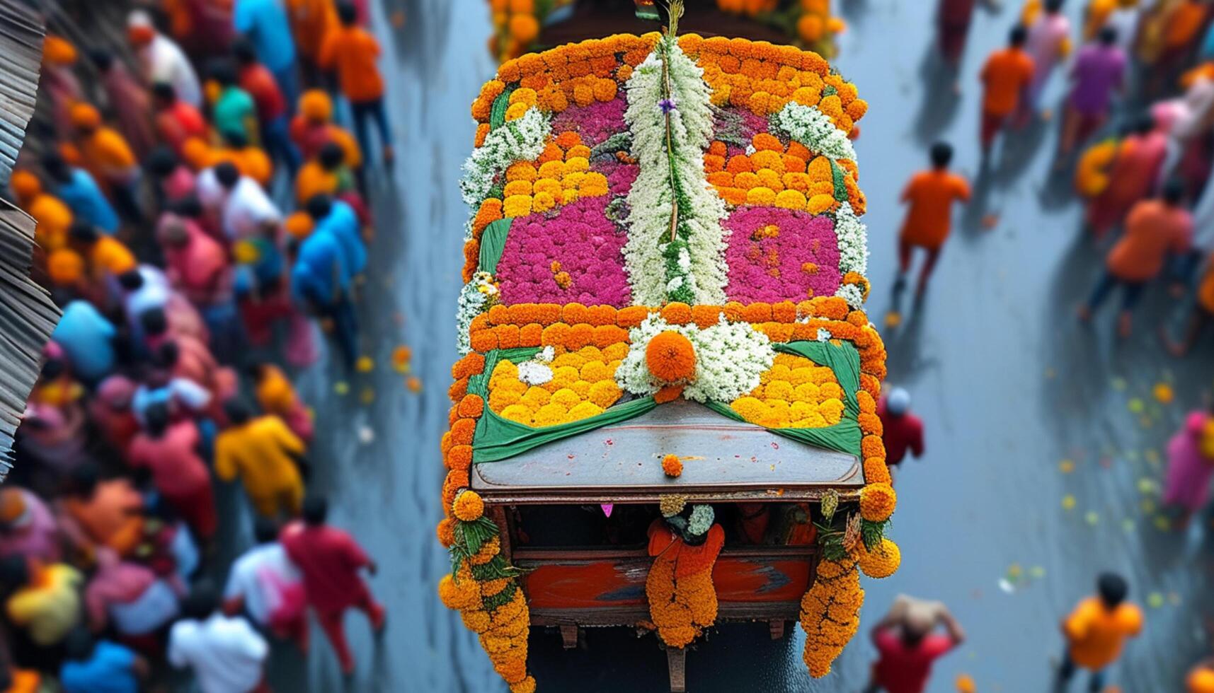 Overhead view of a vibrant funeral procession adorned with flowers. photo