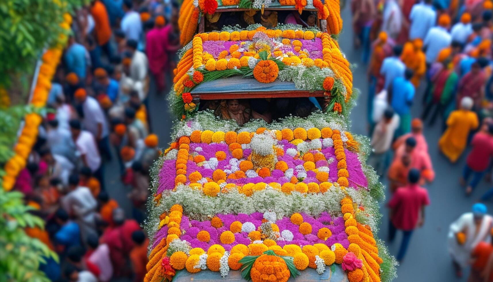 Colorful decorated floats in a vibrant street parade. photo