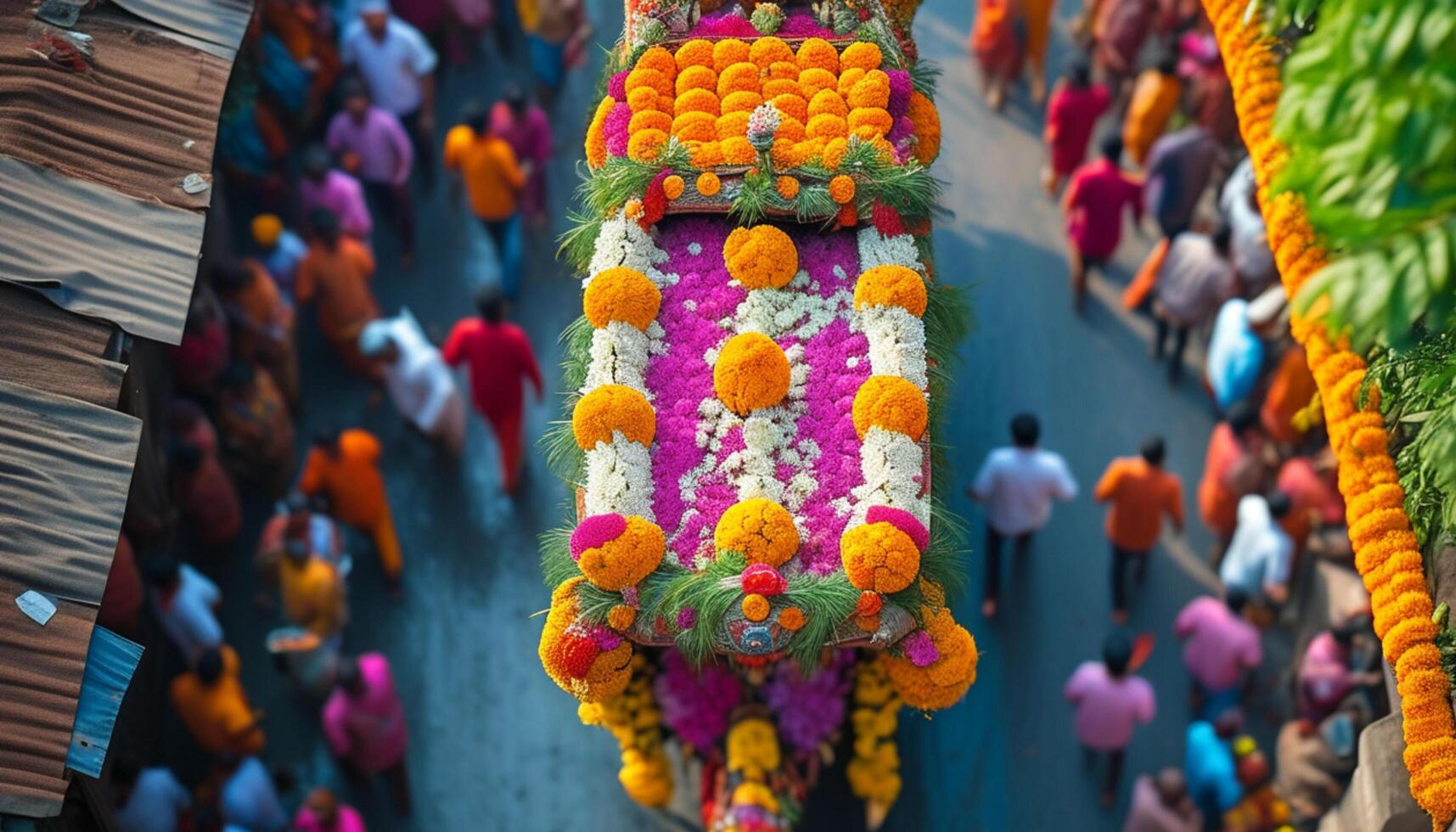 Overhead view of vibrant floral procession photo