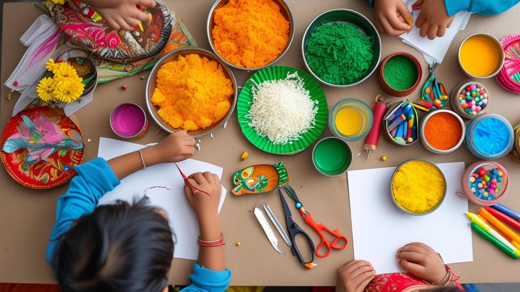 Children's hands creating colorful art. photo