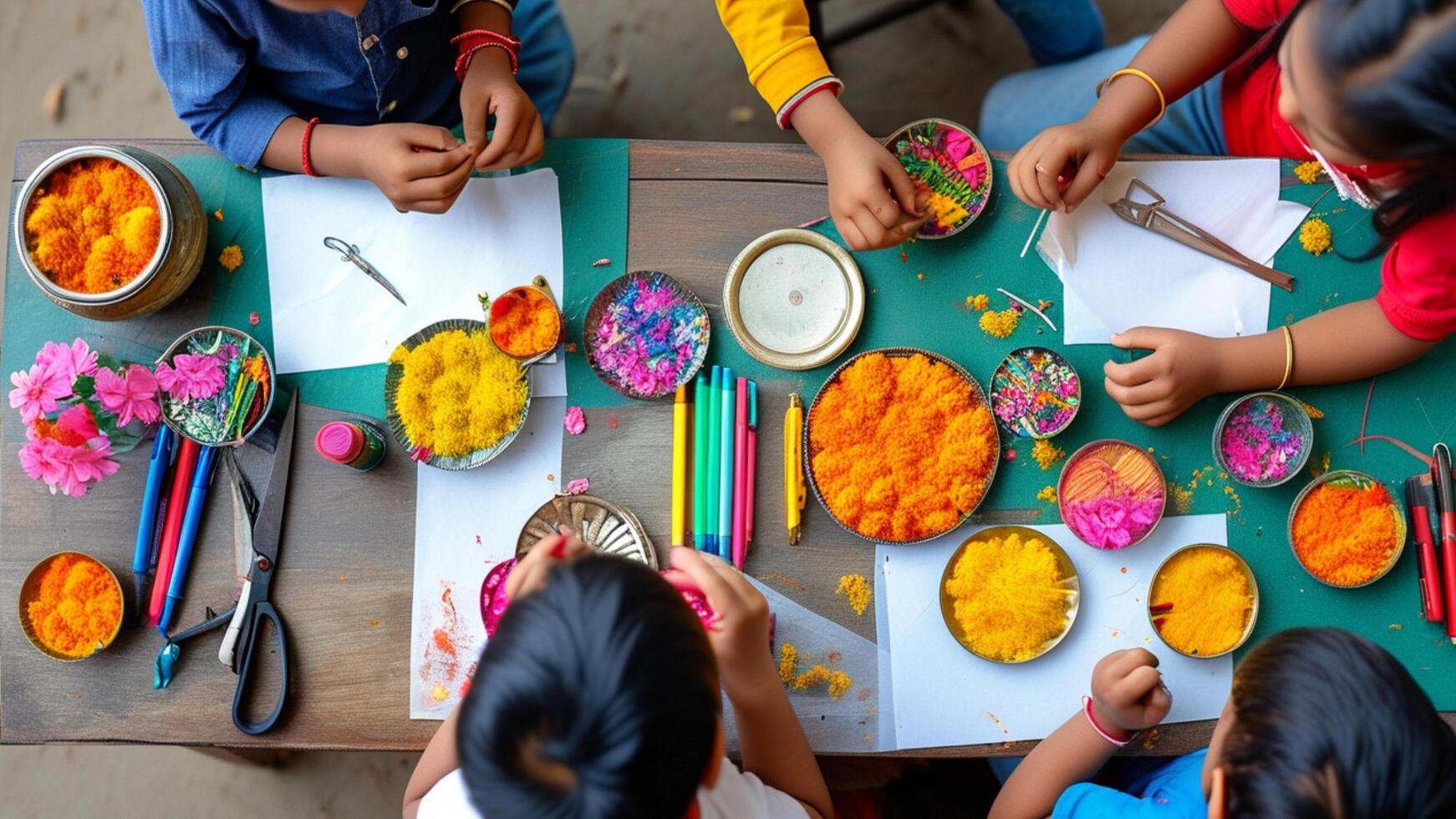 Children crafting with colorful flowers photo