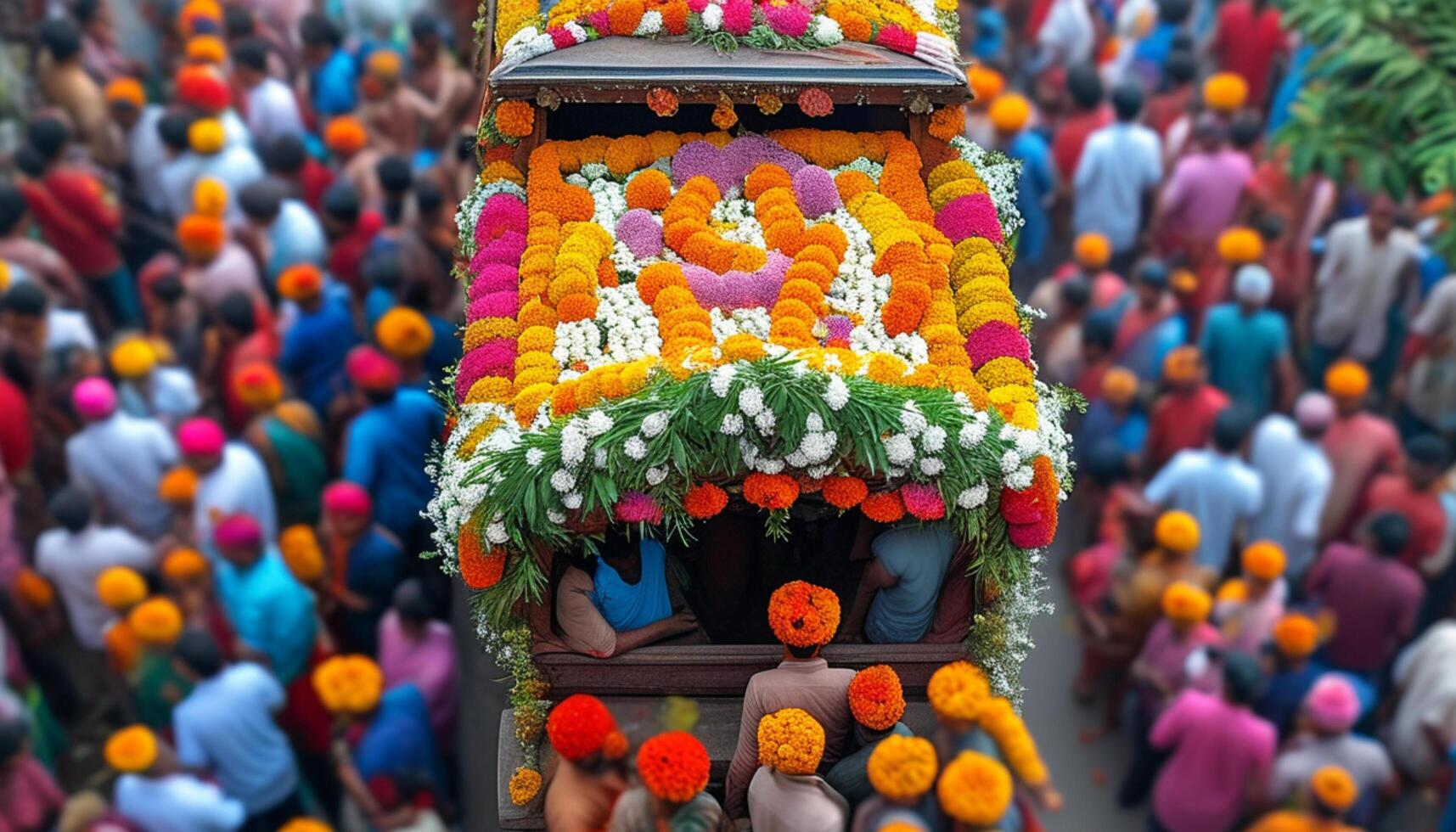 Colorful floral decorations on a funeral carriage during a vibrant procession. photo