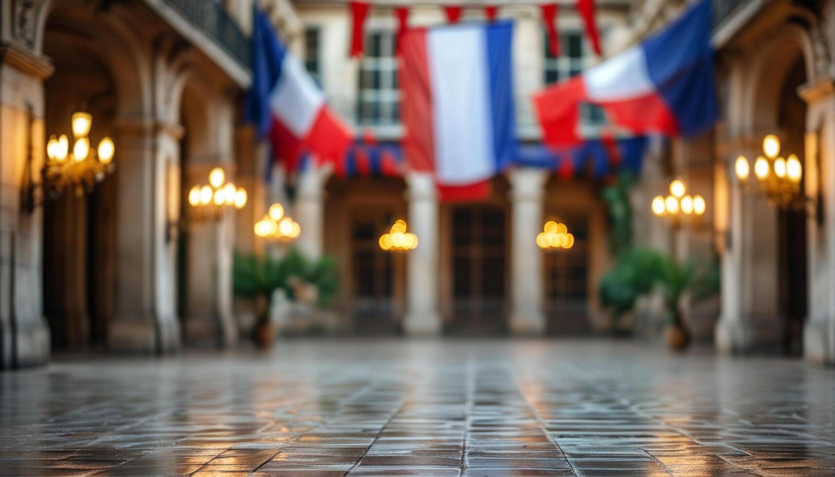 Blurred background of a French courtyard with flags. photo