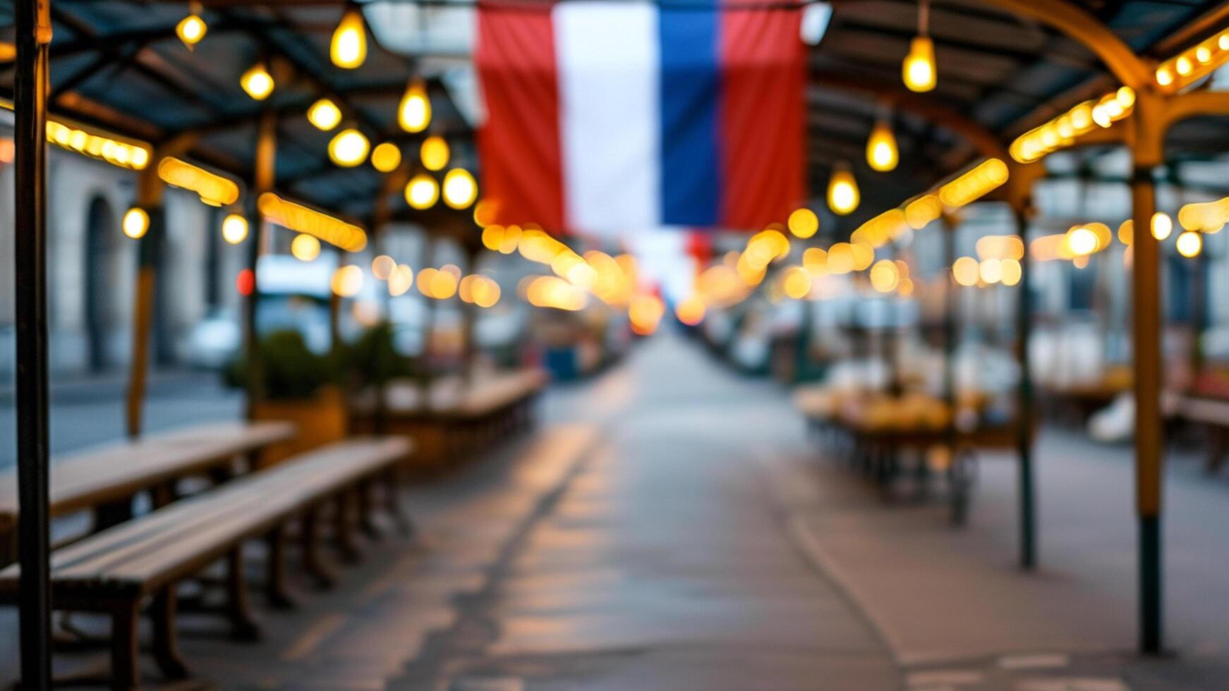 Blurred image of a market street with flags. photo