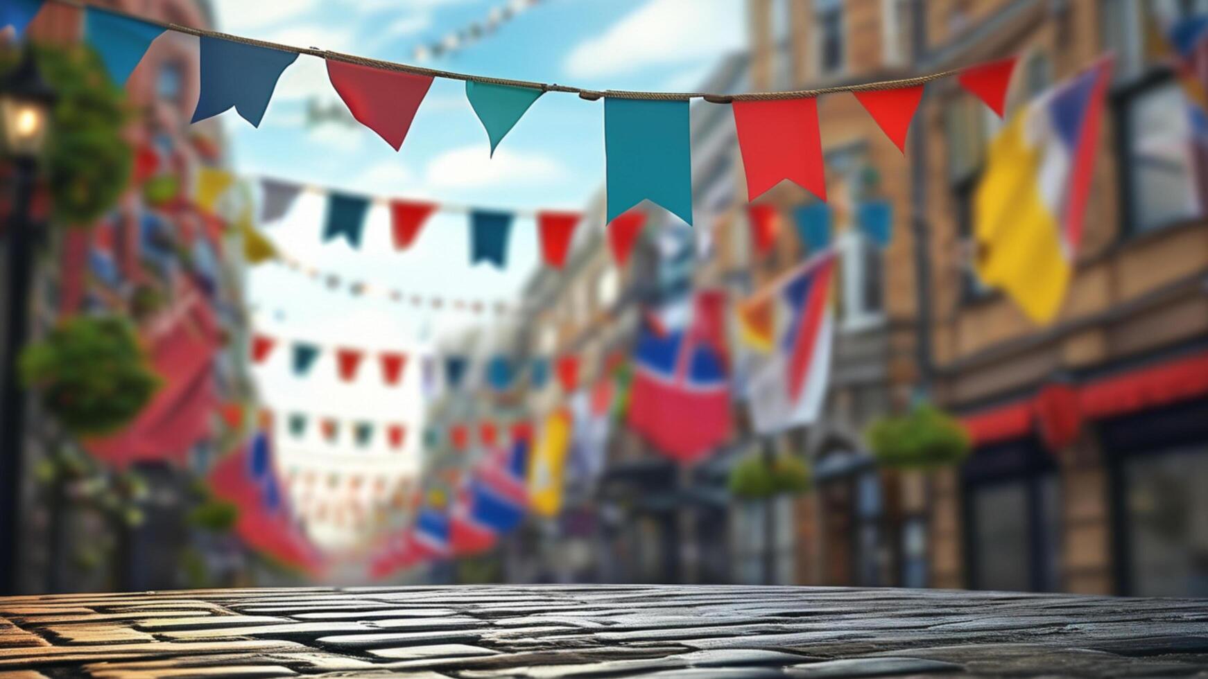 Cobblestone street decorated with festive flags photo