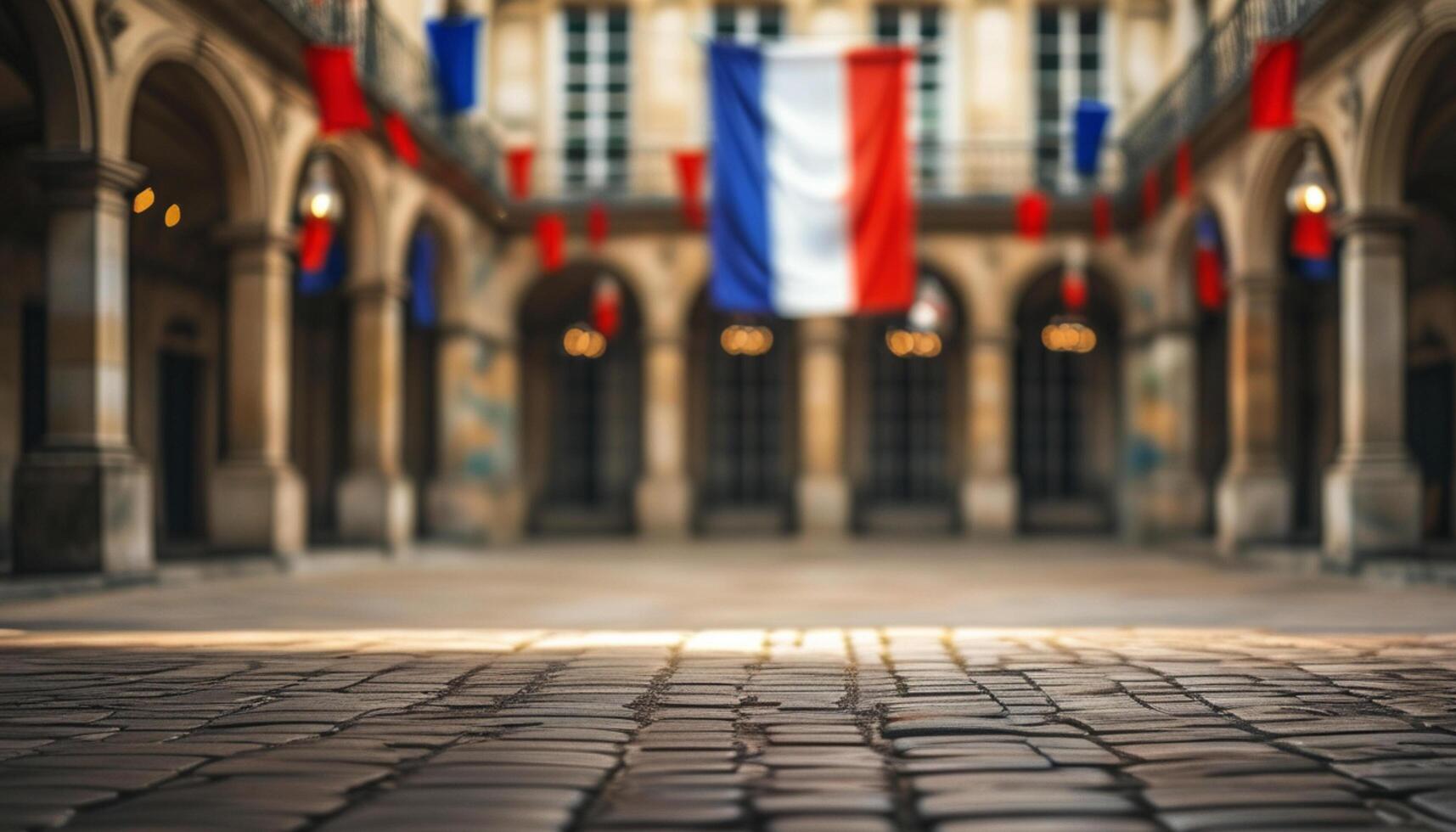 Cobblestone street in front of French building with flags photo