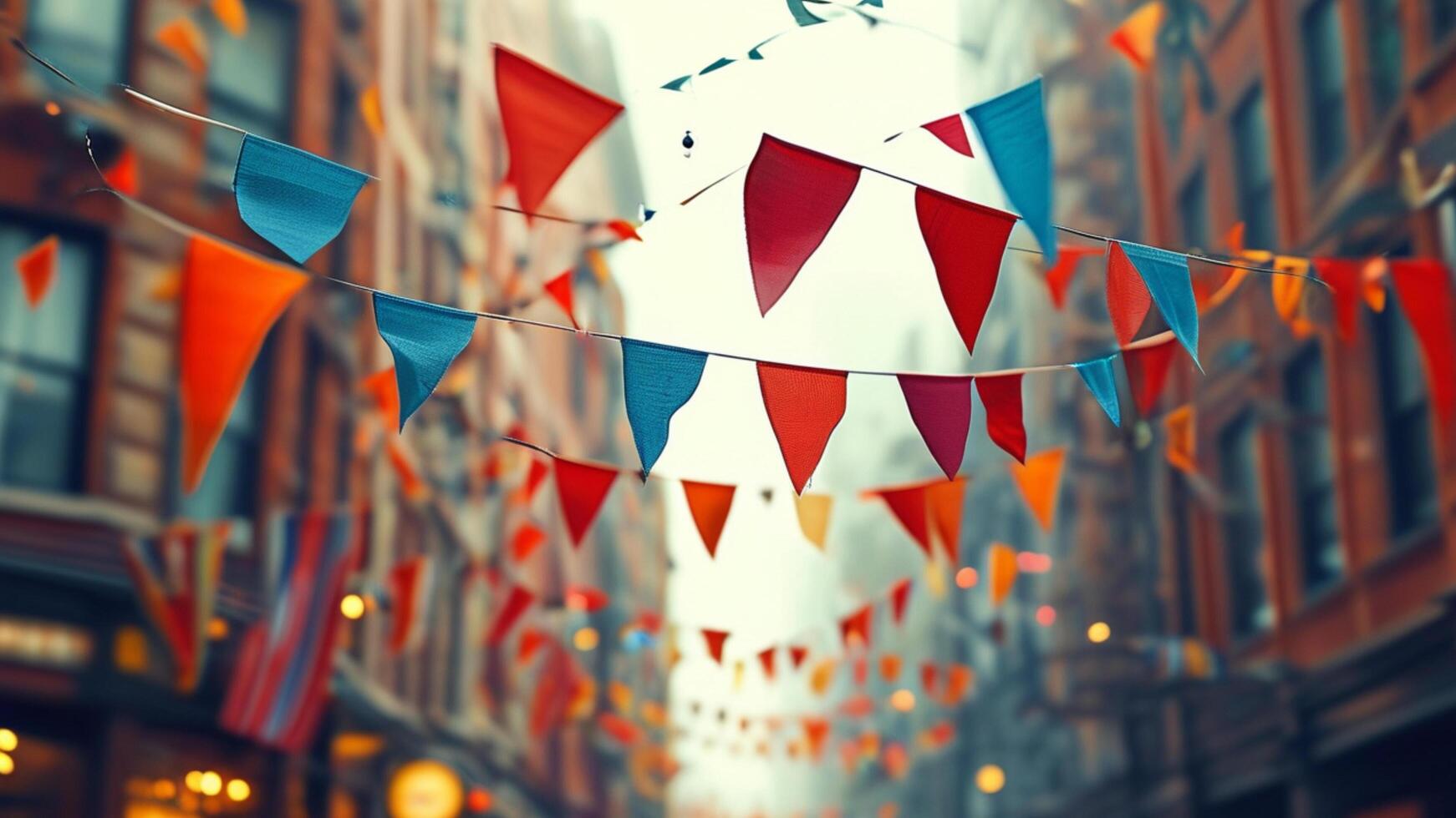 Colorful bunting flags strung between buildings in a city street. photo