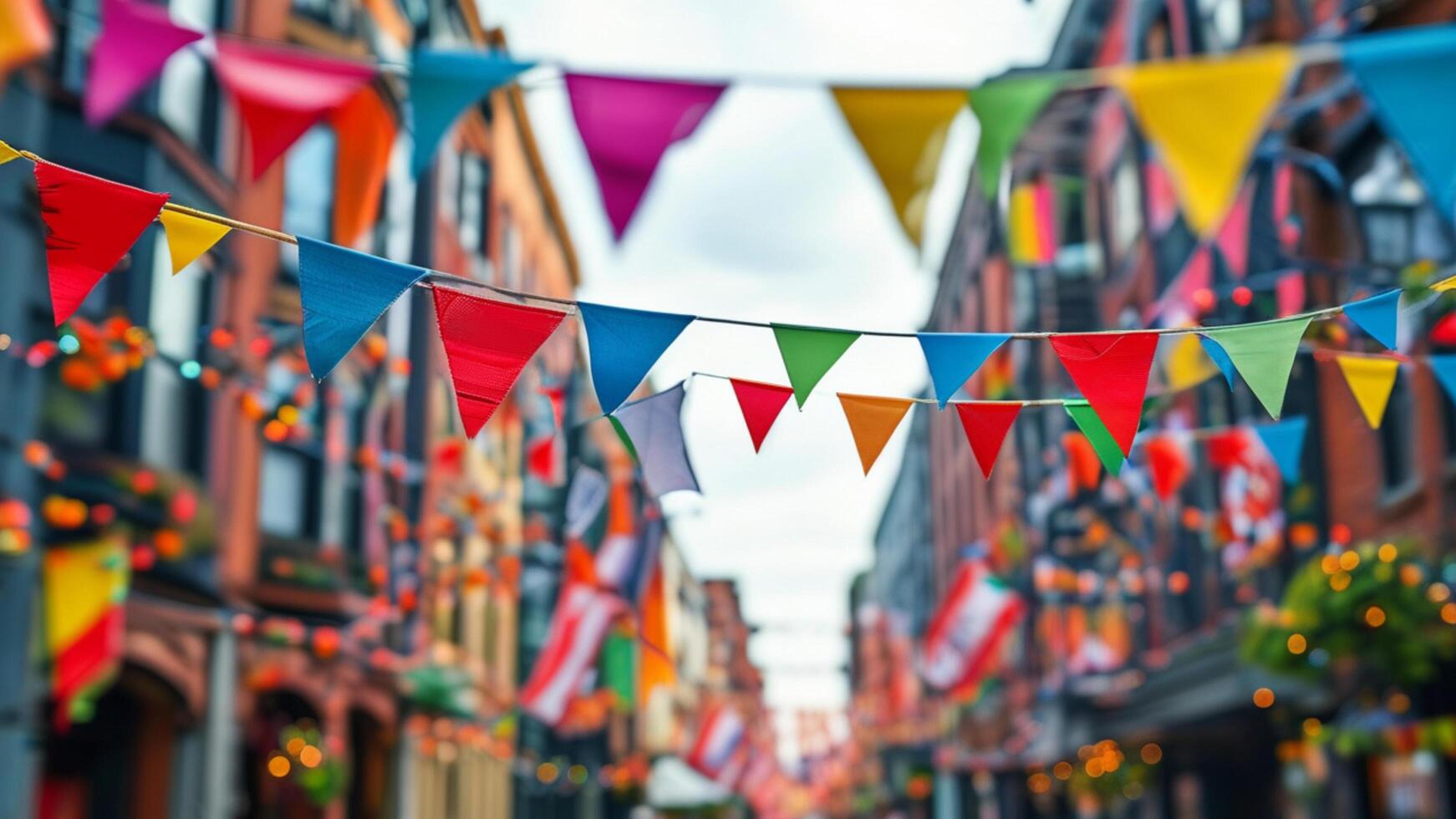 Colorful bunting flags strung across a festive street. photo