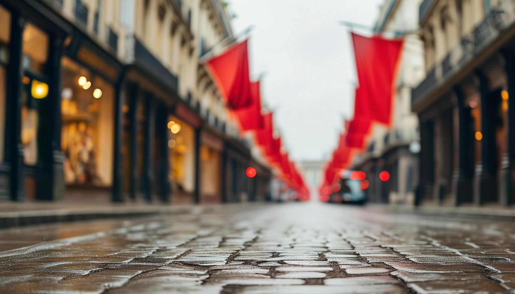 Cobblestone street with red flags, shallow depth of field photo