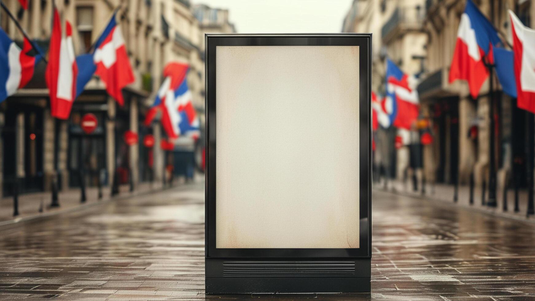 Empty billboard mockup in a Parisian street with flags. photo