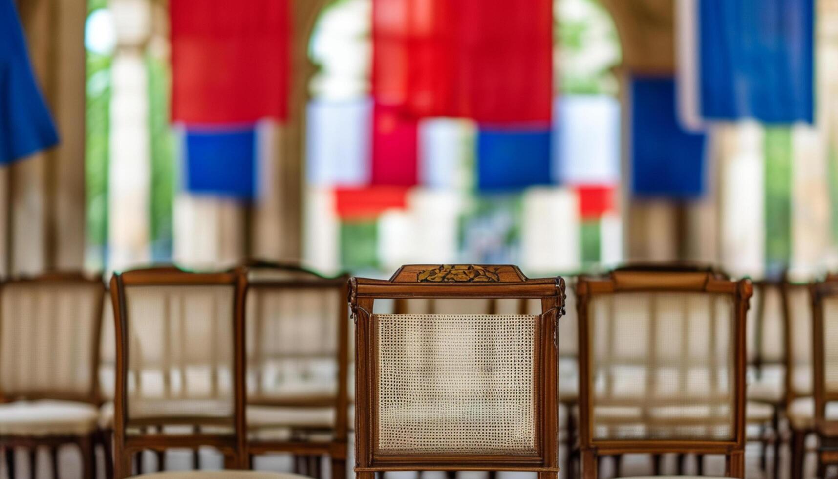 Empty chairs in a hall decorated with red, white, and blue banners. photo