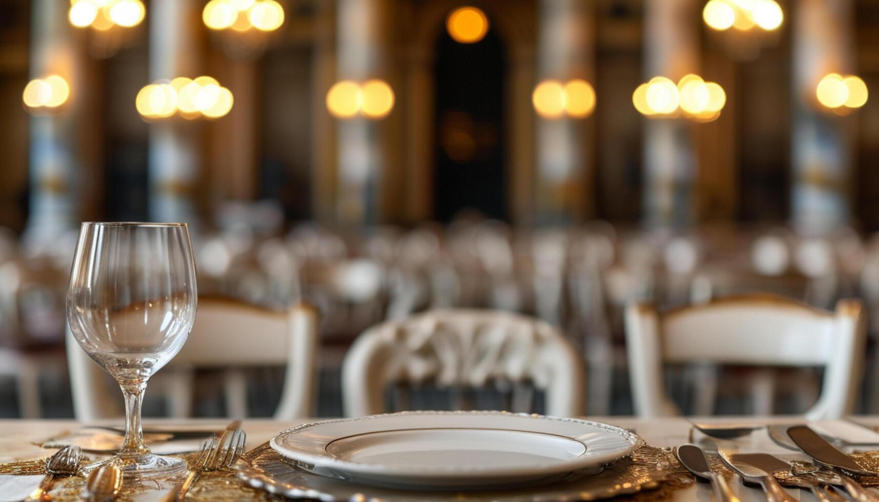 Empty plate and wine glass at a formal dinner event. photo