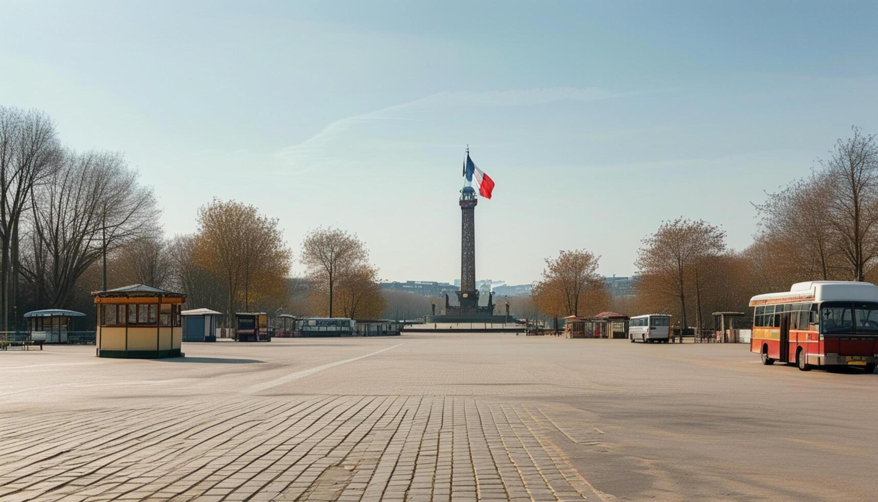 Empty square with French flag and monument photo
