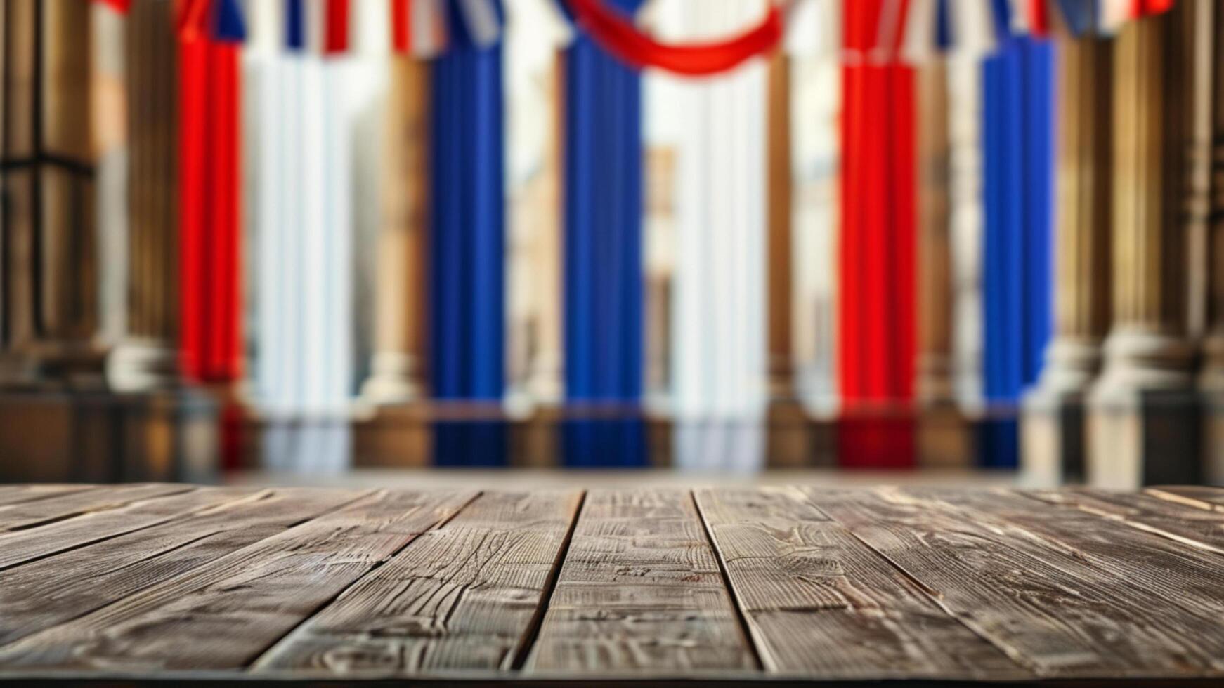 Empty wooden table with blurred American flag backdrop photo