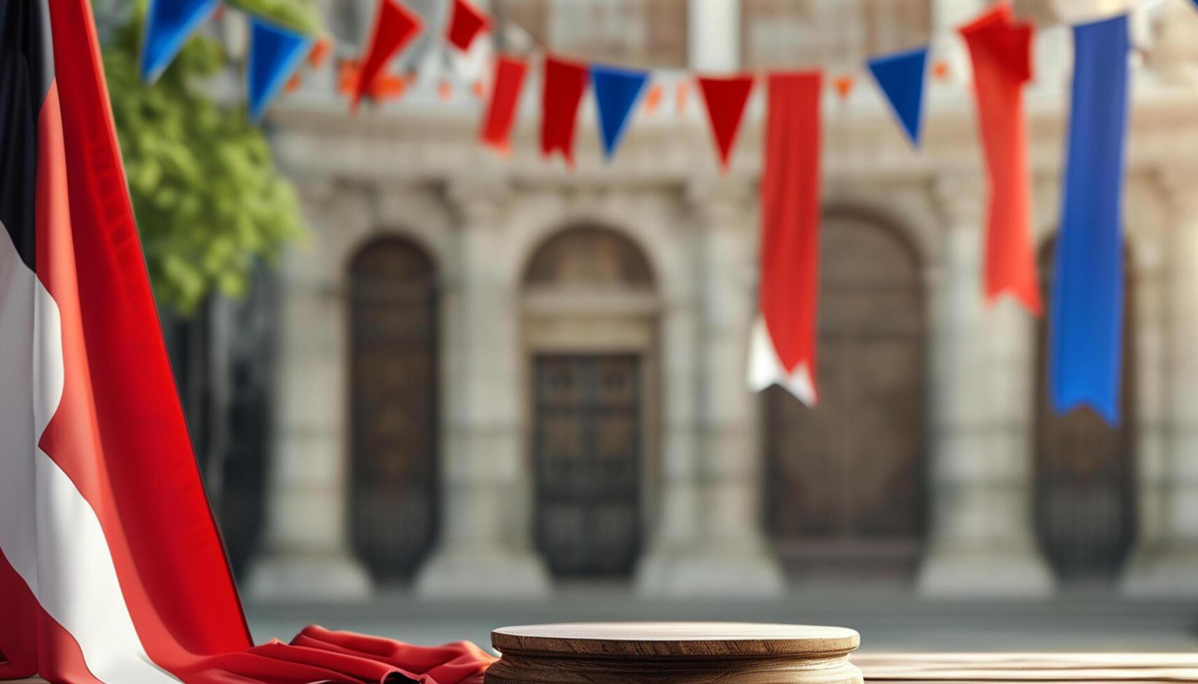 Empty wooden table with blurred festive background photo