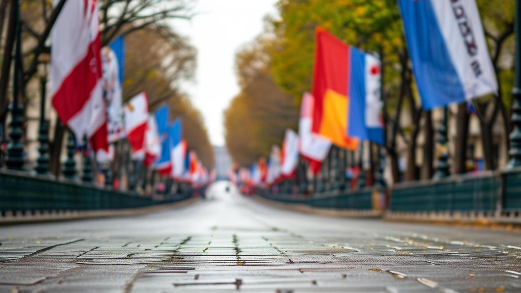 International flags on a paved avenue. Global unity, travel, and international relations concept. photo