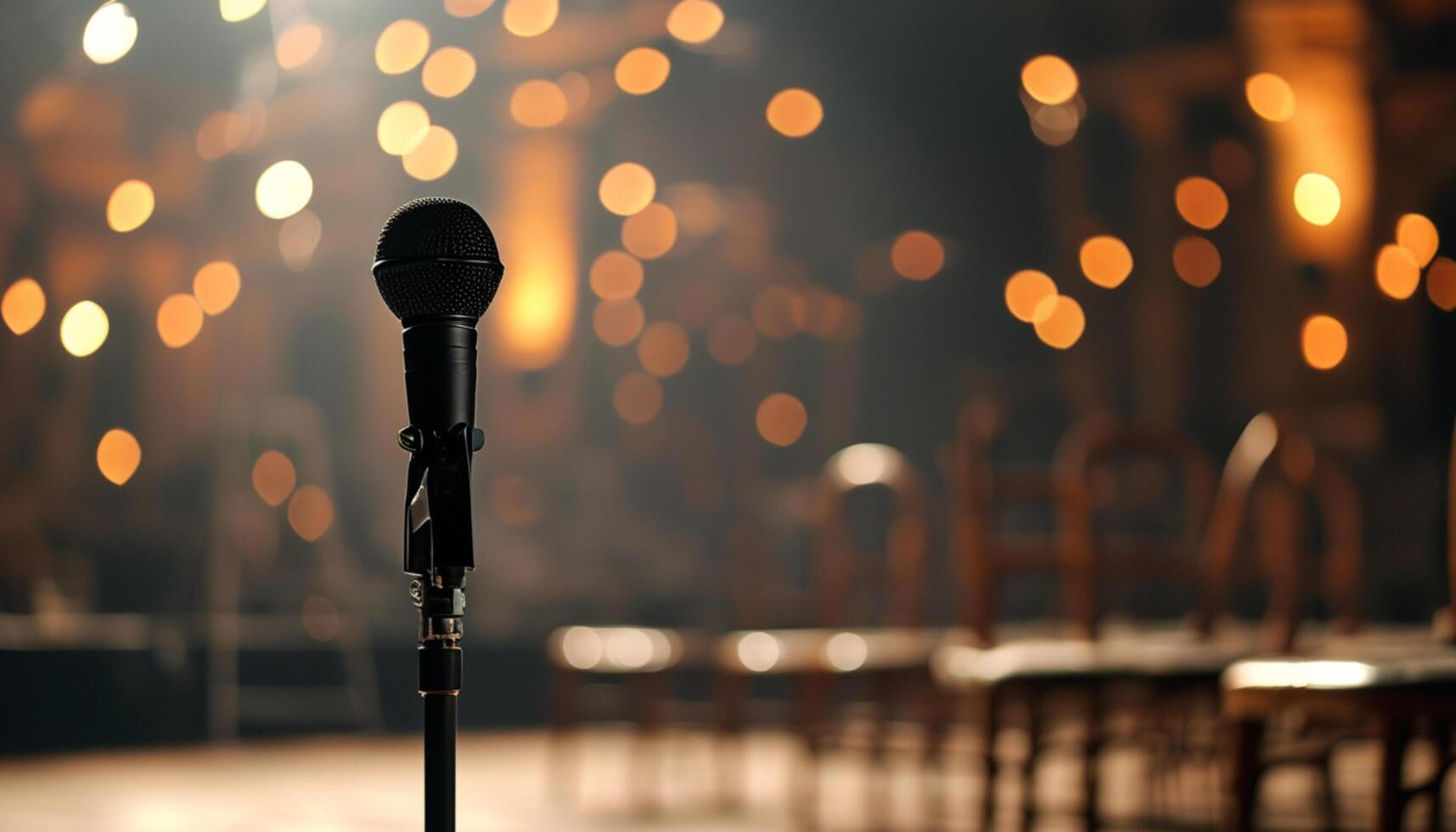 Microphone on stage with bokeh lights photo