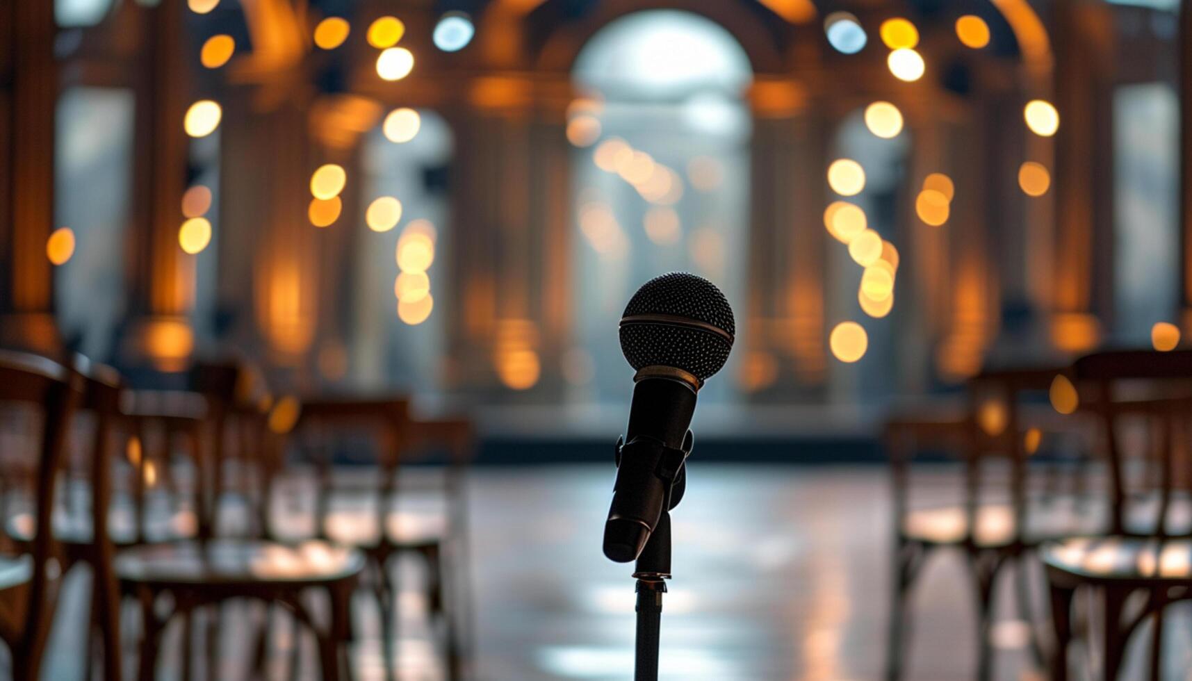 Microphone on stand in empty hall photo