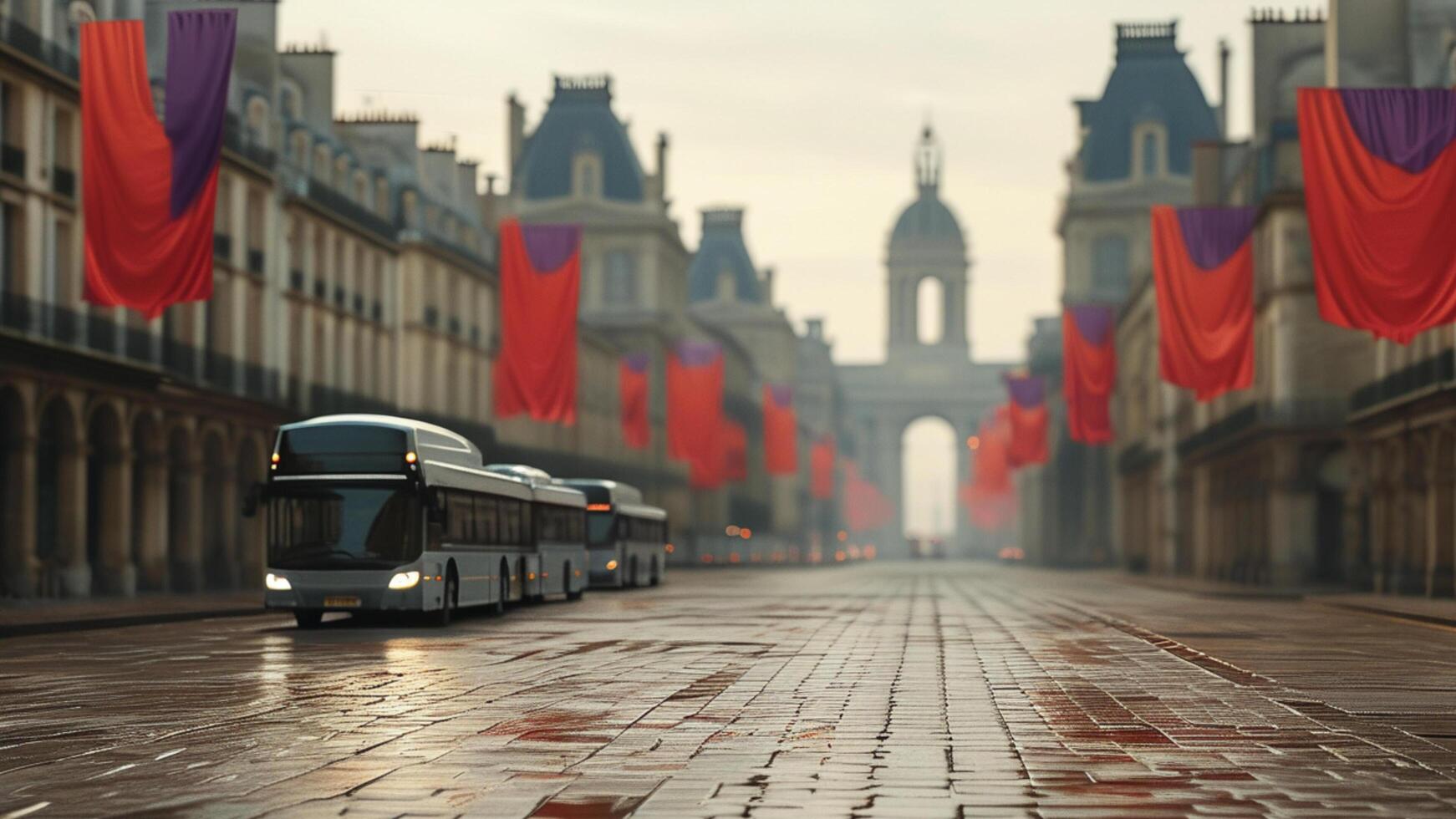 Modern bus on a cobblestone street with flags. photo