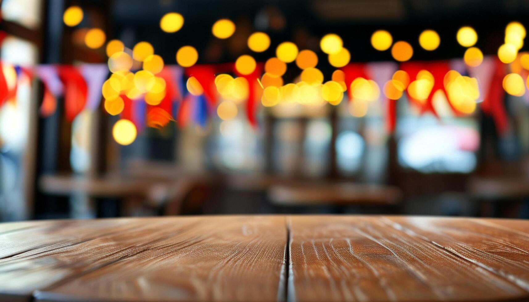 Rustic table in a bokeh restaurant setting. photo