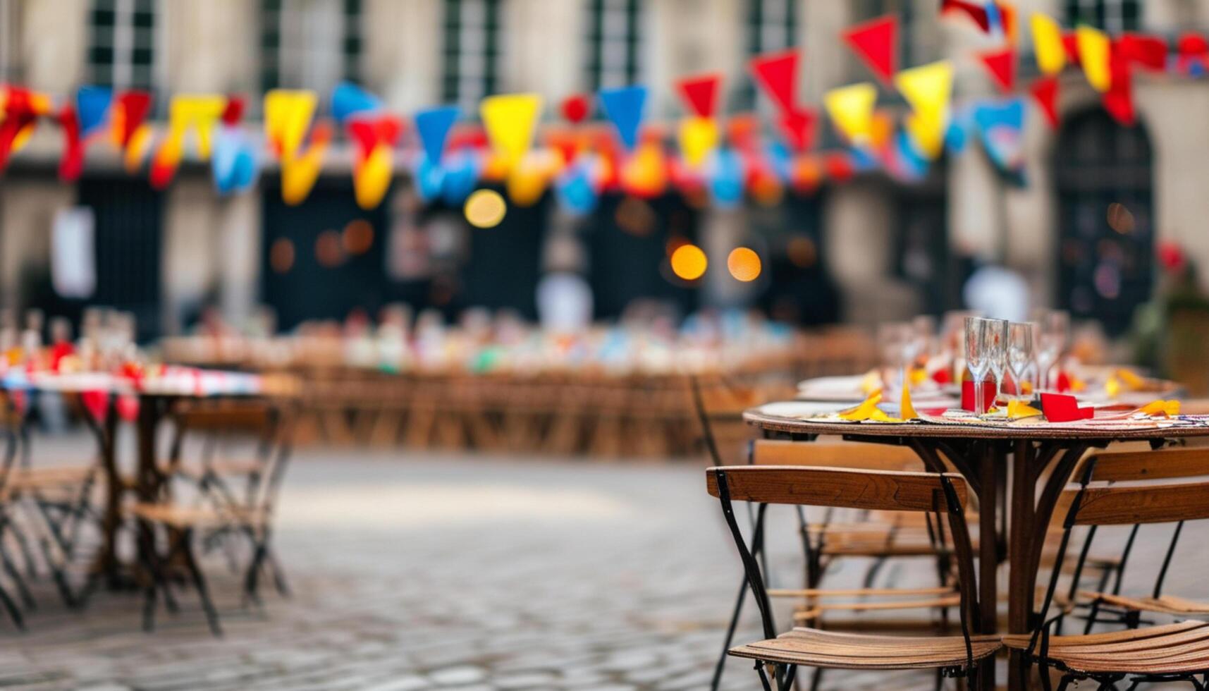 Tables set for a festive outdoor party in a cobblestone square. photo