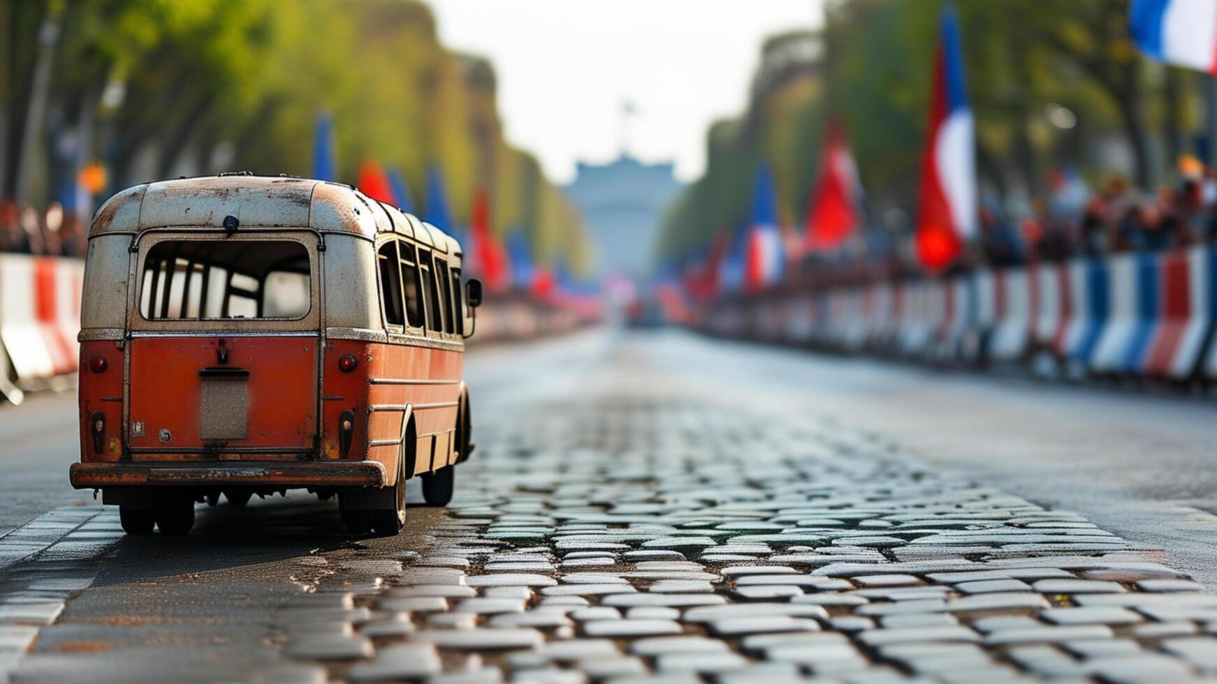 Vintage bus model on cobblestone street photo
