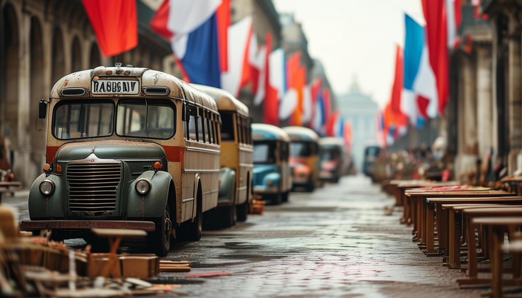 Vintage buses parked on a cobblestone street with flags. photo