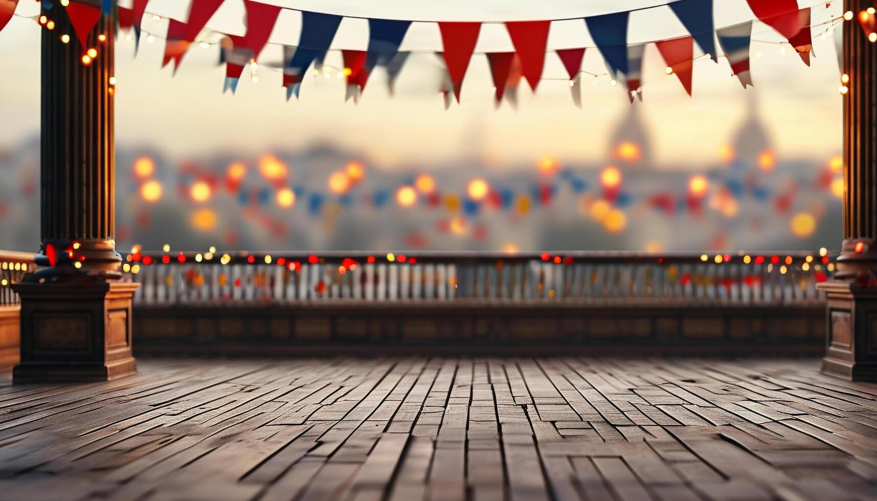 Wooden balcony with bunting, city lights bokeh background photo