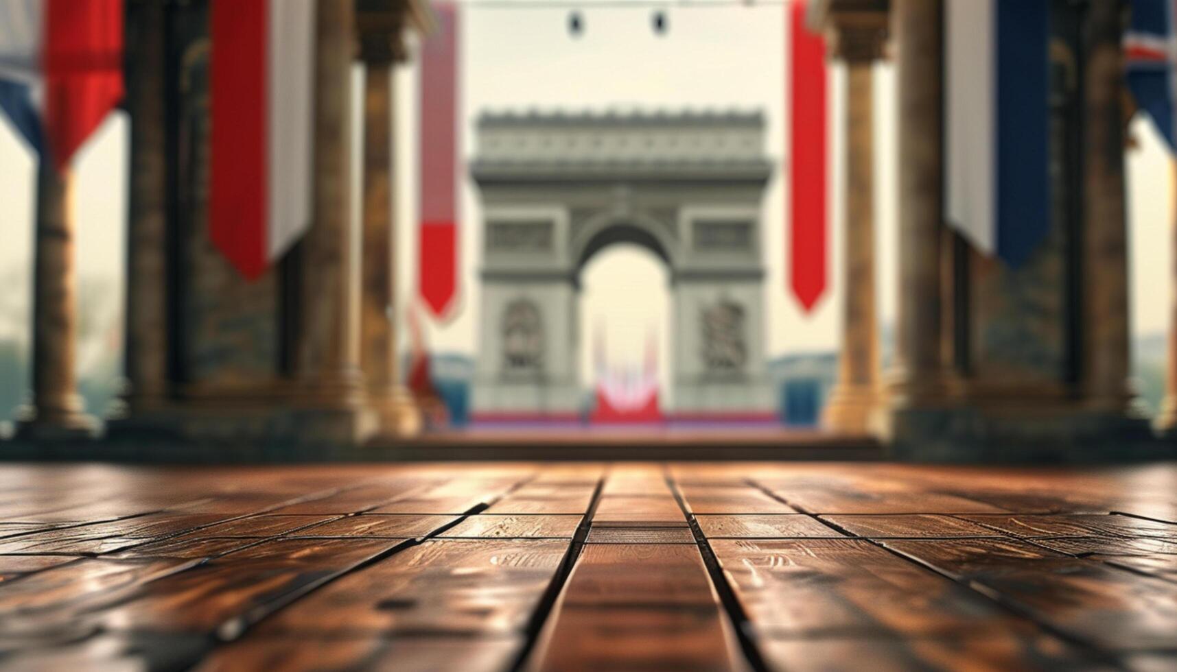 Wooden floor with blurred Arc de Triomphe background photo