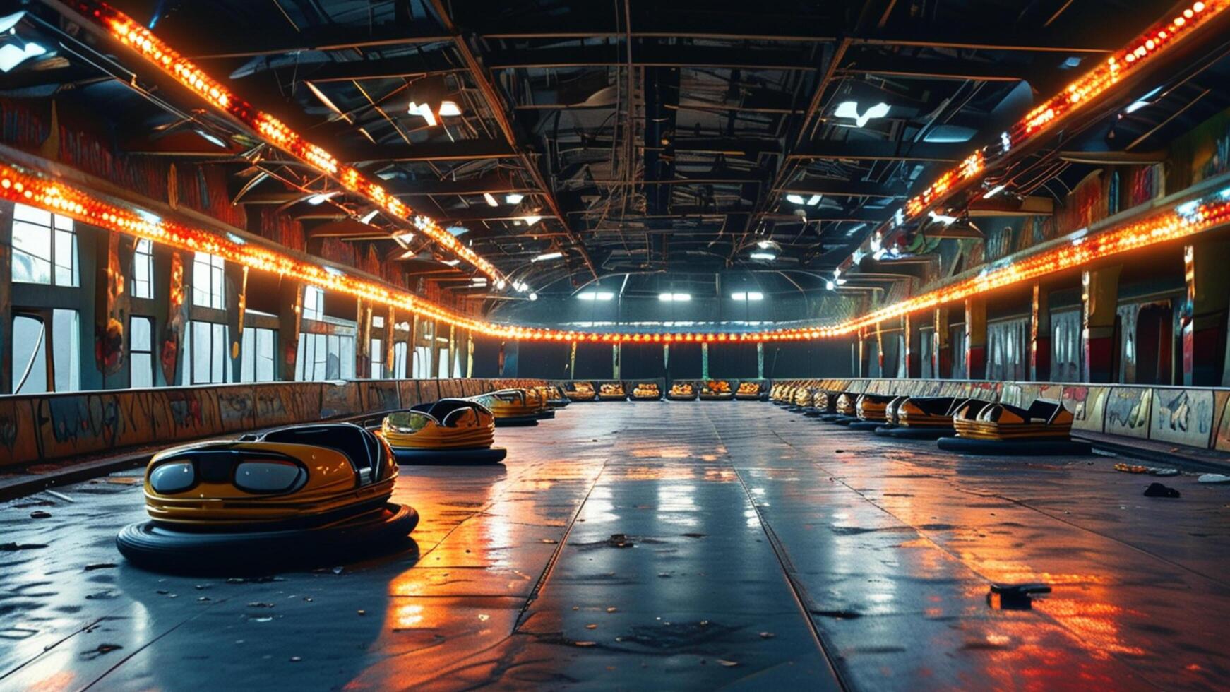 Abandoned bumper cars in a dark, decaying amusement park. photo