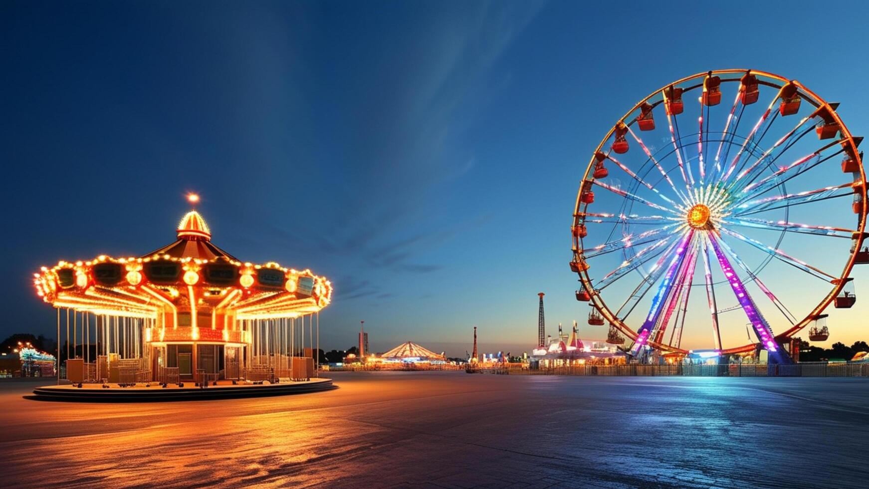 Amusement park at night with Ferris wheel and carousel photo