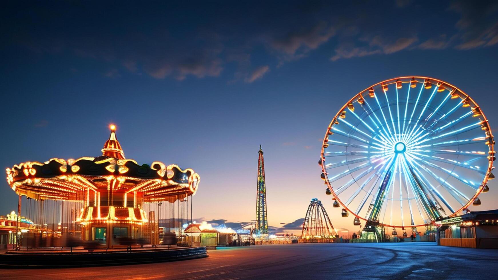Amusement park at night with Ferris wheel and carousel photo