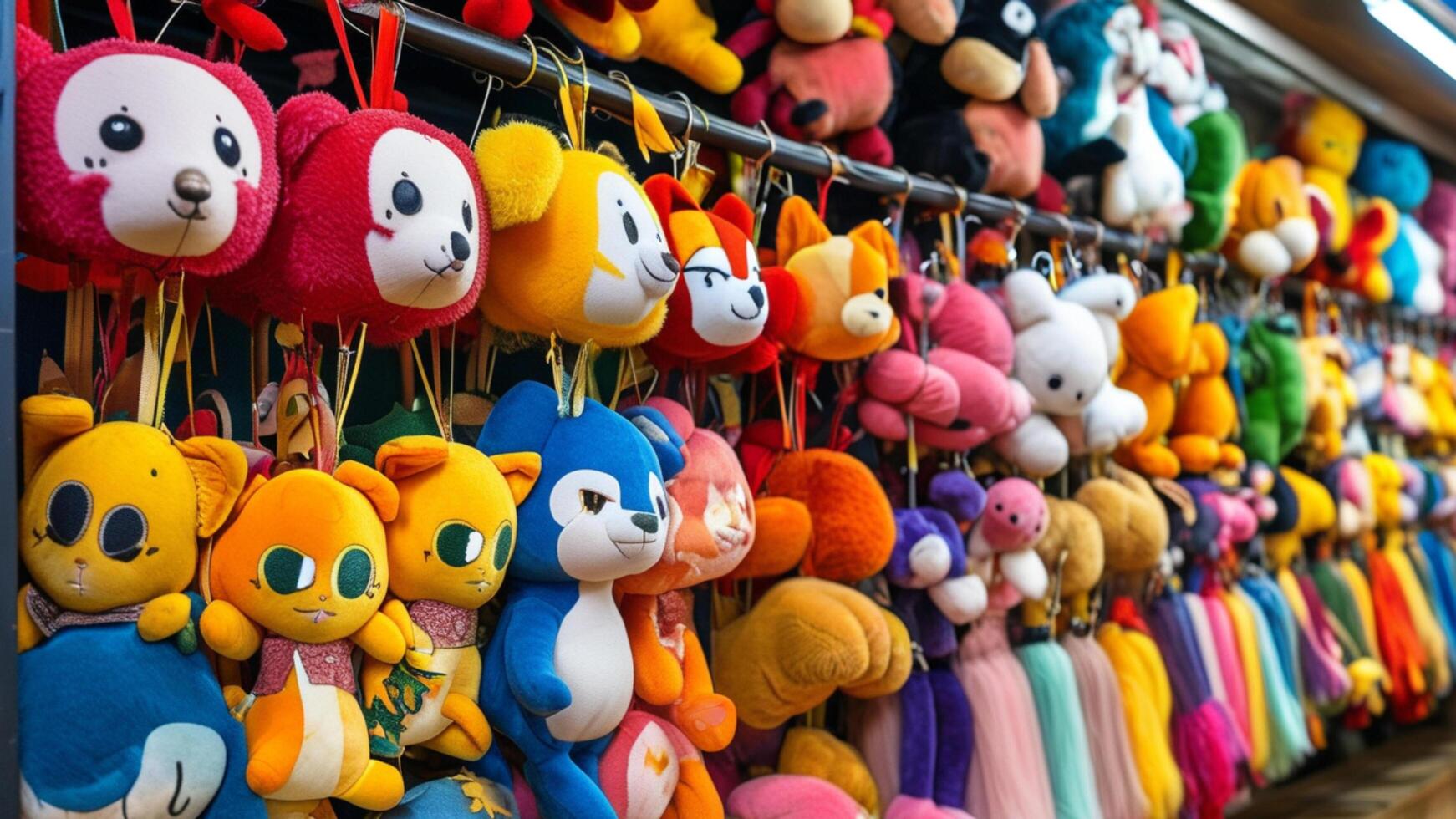Colorful plush toys hanging in a shop. photo