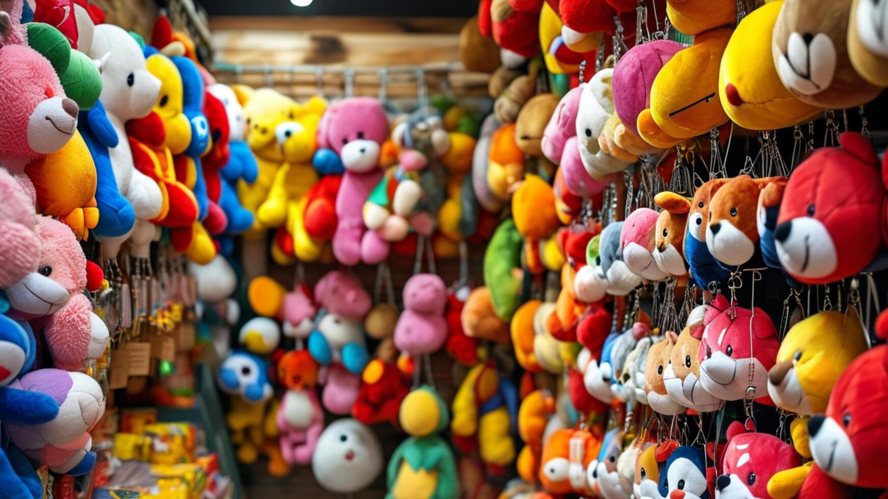Colorful stuffed animals hanging in a toy store. photo