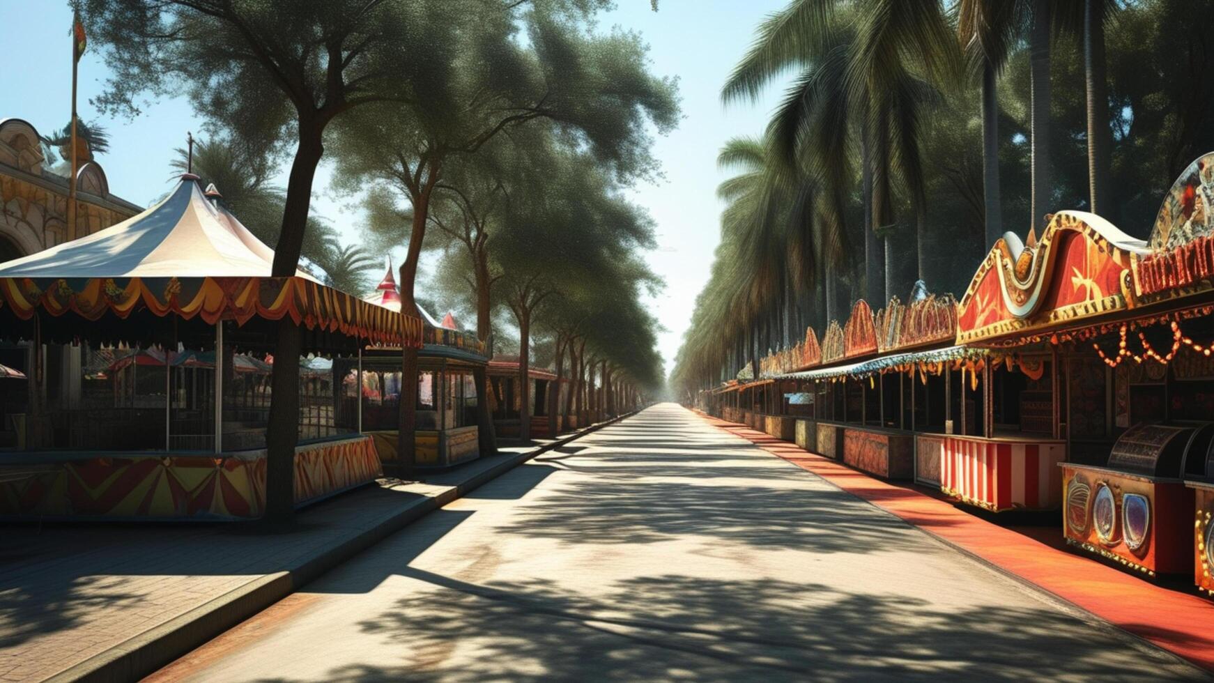 Colorful stalls and palm trees line a sunny street. photo