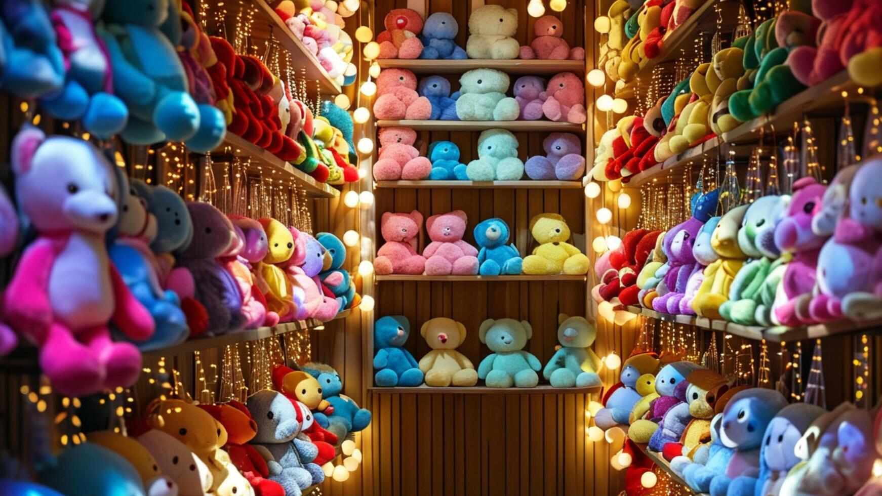 Colorful teddy bears on shelves in a toy store. photo