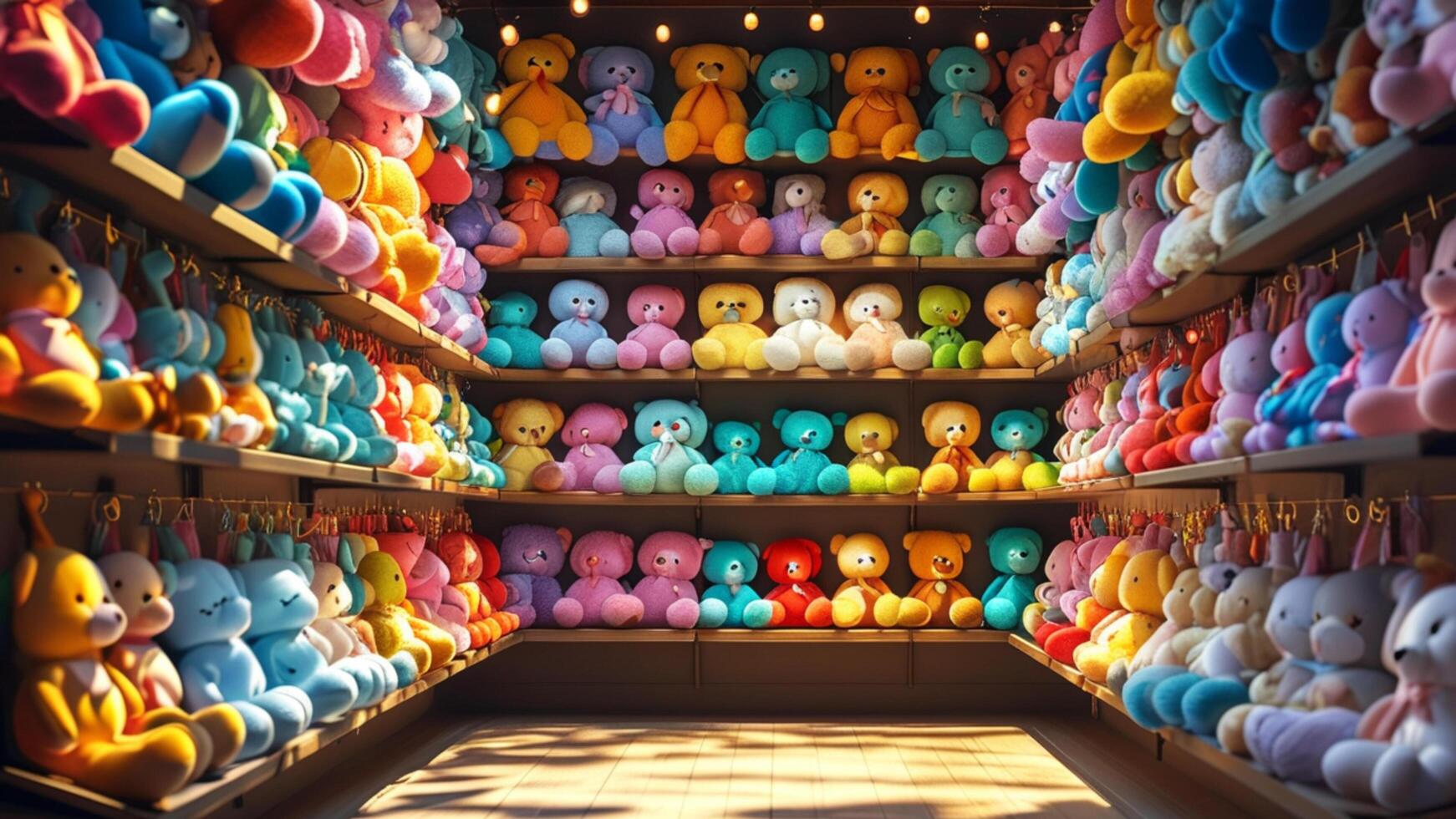 Colorful teddy bears on shelves. photo