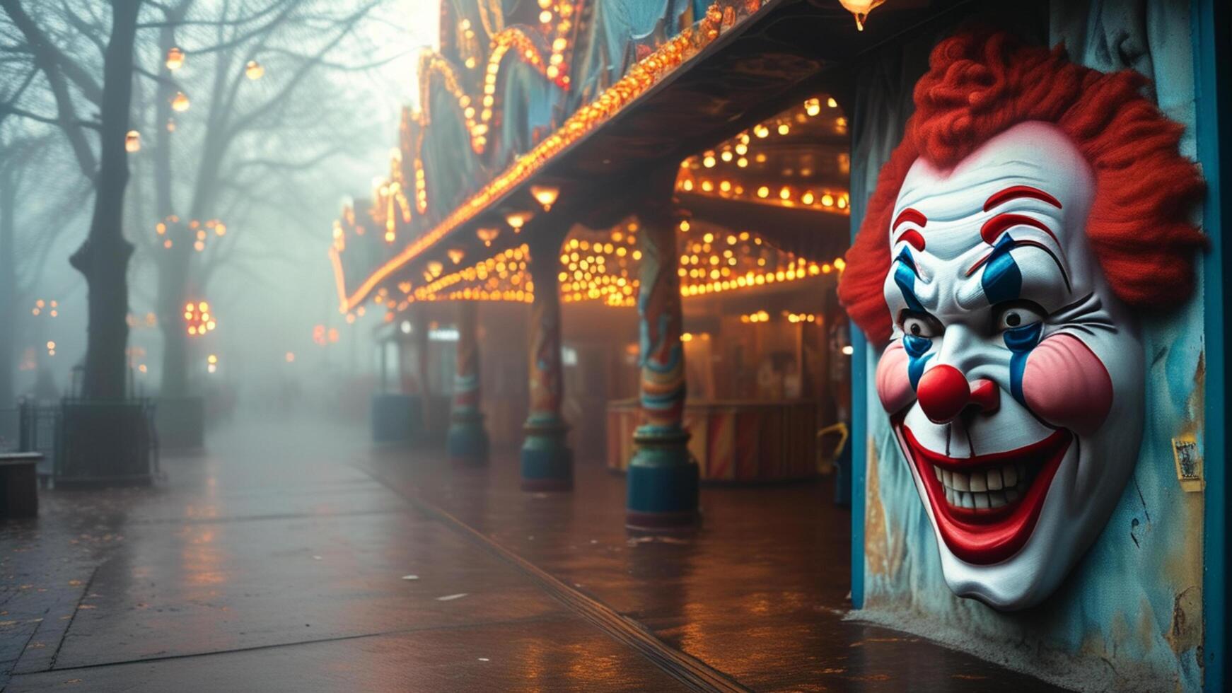 Creepy clown face on a foggy amusement park building. photo